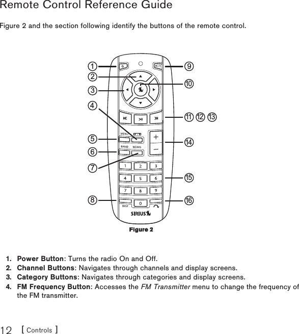 [ Controls ]12Remote Control Reference GuideFigure 2 and the section following identify the buttons of the remote control. 91835467211 12 1314151610Power Button: Turns the radio On and Off.Channel Buttons: Navigates through channels and display screens.Category Buttons: Navigates through categories and display screens.FM Frequency Button: Accesses the FM Transmitter menu to change the frequency of the FM transmitter.1.2.3.4.Figure 2Figure 2