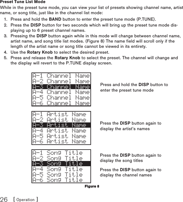 [ Operation ]26Preset Tune List ModeWhile in the preset tune mode, you can view your list of presets showing channel name, artist name, or song title, just like in the channel list mode:Press and hold the BAND button to enter the preset tune mode (P.TUNE).Press the DISP button for two seconds which will bring up the preset tune mode dis-playing up to 6 preset channel names.Pressing the DISP button again while in this mode will change between channel name, artist name, and song title list modes. (Figure 8) The name field will scroll only if the length of the artist name or song title cannot be viewed in its entirety.Use the Rotary Knob to select the desired preset.Press and release the Rotary Knob to select the preset. The channel will change and the display will revert to the P.TUNE display screen.A-1 Channel NameA-2 Channel NameA-3 Channel NameA-4 Channel NameA-5 Channel NameA-6 Channel NameA-1 Artist NameA-2 Artist NameA-3 Artist NameA-4 Artist NameA-5 Artist NameA-6 Artist NameA-1 Song TitleA-2 Song TitleA-3 Song TitleA-4 Song TitleA-5 Song TitleA-6 Song Title1.2.3.4.5.Figure 8Figure 8Press and hold the DISP button to enter the preset tune modePress the DISP button again to display the artist’s namesPress the DISP button again to display the song titlesPress the DISP button again to display the channel names