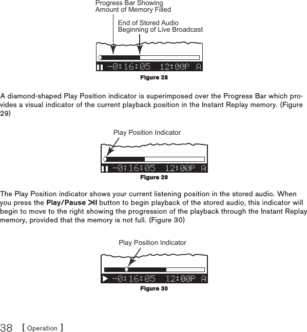 [ Operation ]38-0:16:05Progress Bar Showing Amount of Memory Filled End of Stored Audio Beginning of Live Broadcast A diamond-shaped Play Position indicator is superimposed over the Progress Bar which pro-vides a visual indicator of the current playback position in the Instant Replay memory. (Figure 29)-0:16:05Play Position Indicator The Play Position indicator shows your current listening position in the stored audio. When you press the Play/Pause   button to begin playback of the stored audio, this indicator will begin to move to the right showing the progression of the playback through the Instant Replay memory, provided that the memory is not full. (Figure 30)-0:16:05Play Position Indicator Figure 28Figure 28Figure 29Figure 29Figure 30Figure 30