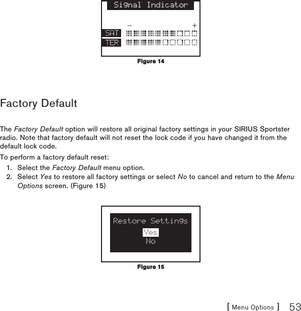 [ Menu Options ] 53 Signal IndicatorFactory DefaultThe Factory Default option will restore all original factory settings in your SIRIUS Sportster radio. Note that factory default will not reset the lock code if you have changed it from the default lock code.To perform a factory default reset:Select the Factory Default menu option. Select Yes to restore all factory settings or select No to cancel and return to the Menu Options screen. (Figure 15)   1.2.Figure 14Figure 14Figure 15Figure 15