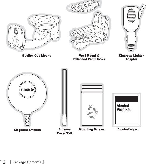 [ Package Contents ]12Suction Cup MountSuction Cup Mount Vent Mount &amp;Extended Vent HooksVent Mount &amp;Extended Vent HooksCigarette Lighter AdapterCigarette Lighter AdapterMagnetic AntennaMagnetic Antenna AntennaCover/TailAntennaCover/TailMounting ScrewsMounting Screws Alcohol WipeAlcohol Wipe