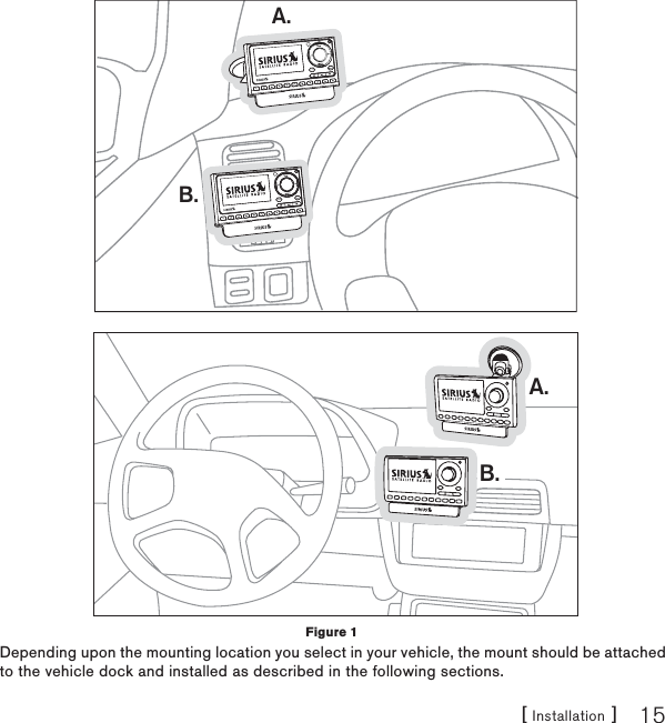 [ Installation ] 15Depending upon the mounting location you select in your vehicle, the mount should be attached to the vehicle dock and installed as described in the following sections.A.B.Figure 1A.B.