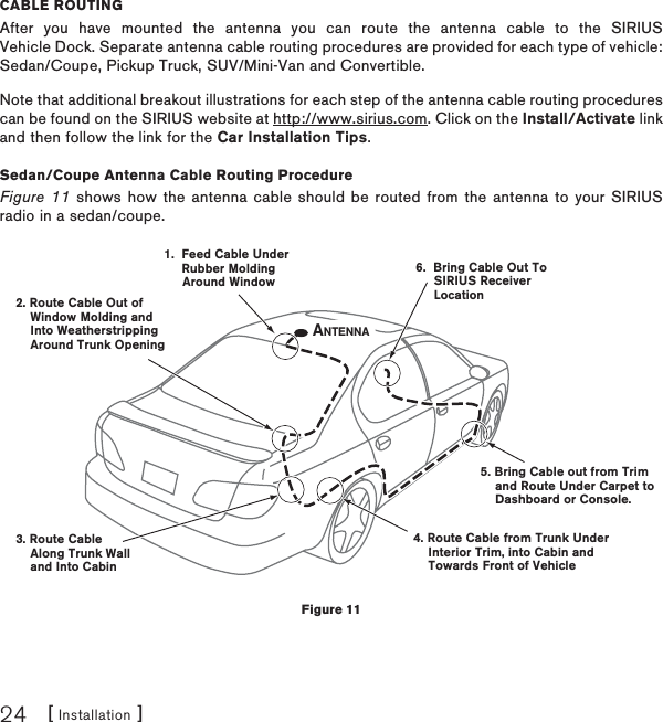 [ Installation ]24CABLE ROUTINGAfter you have mounted the antenna you can route the antenna cable to the SIRIUS Vehicle Dock. Separate antenna cable routing procedures are provided for each type of vehicle: Sedan/Coupe, Pickup Truck, SUV/Mini-Van and Convertible.Note that additional breakout illustrations for each step of the antenna cable routing procedures can be found on the SIRIUS website at http://www.sirius.com. Click on the Install/Activate link and then follow the link for the Car Installation Tips.Sedan/Coupe Antenna Cable Routing ProcedureFigure 11 shows how the antenna cable should be routed from the antenna to your SIRIUS radio in a sedan/coupe.1.  Feed Cable UnderRubber Molding     Around Window4. Route Cable from Trunk Under    Interior Trim, into Cabin and    Towards Front of Vehicle6.  Bring Cable Out To     SIRIUS ReceiverLocation5. Bring Cable out from Trim    and Route Under Carpet to    Dashboard or Console.2. Route Cable Out of    Window Molding and     Into Weatherstripping    Around Trunk Opening3. Route Cable    Along Trunk Wall    and Into CabinANTENNAFigure 11