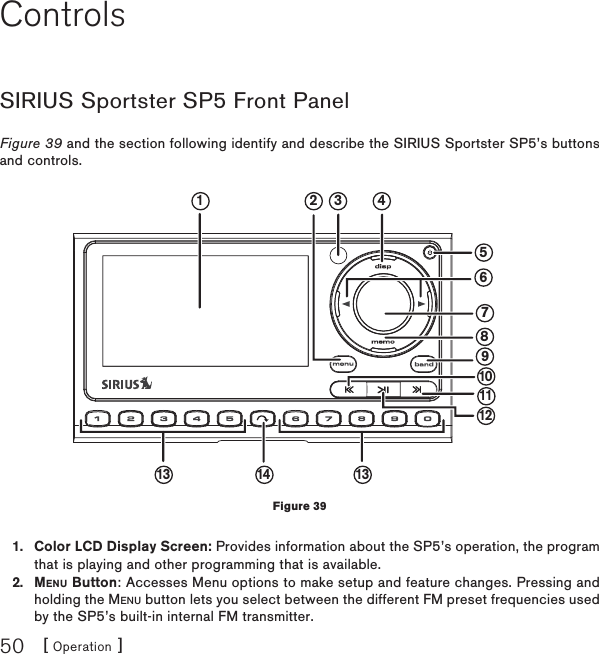 [ Operation ]50ControlsSIRIUS Sportster SP5 Front PanelFigure 39 and the section following identify and describe the SIRIUS Sportster SP5’s buttons and controls.Color LCD Display Screen: Provides information about the SP5’s operation, the program that is playing and other programming that is available. MENU Button: Accesses Menu options to make setup and feature changes. Pressing and holding the MENU button lets you select between the different FM preset frequencies used by the SP5’s built-in internal FM transmitter.1.2.581210413 14 1311269713Figure 39