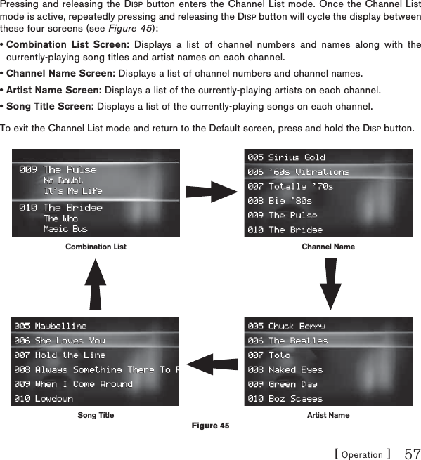 [ Operation ] 57Pressing and releasing the DISP button enters the Channel List mode. Once the Channel List mode is active, repeatedly pressing and releasing the DISP button will cycle the display between these four screens (see Figure 45):• Combination List Screen: Displays a list of channel numbers and names along with the currently-playing song titles and artist names on each channel.• Channel Name Screen: Displays a list of channel numbers and channel names.• Artist Name Screen: Displays a list of the currently-playing artists on each channel.• Song Title Screen: Displays a list of the currently-playing songs on each channel. To exit the Channel List mode and return to the Default screen, press and hold the DISP button.Channel NameCombination ListSong Title Artist NameFigure 45