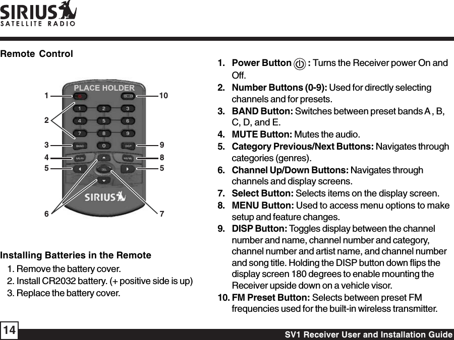 SV1 Receiver User and Installation Guide14Remote Control1. Power Button   : Turns the Receiver power On andOff.2. Number Buttons (0-9): Used for directly selectingchannels and for presets.3. BAND Button: Switches between preset bands A , B,C, D, and E.4. MUTE Button: Mutes the audio.5. Category Previous/Next Buttons: Navigates throughcategories (genres).6. Channel Up/Down Buttons: Navigates throughchannels and display screens.7. Select Button: Selects items on the display screen.8. MENU Button: Used to access menu options to makesetup and feature changes.9. DISP Button: Toggles display between the channelnumber and name, channel number and category,channel number and artist name, and channel numberand song title. Holding the DISP button down flips thedisplay screen 180 degrees to enable mounting theReceiver upside down on a vehicle visor.10. FM Preset Button: Selects between preset FMfrequencies used for the built-in wireless transmitter.Installing Batteries in the Remote1. Remove the battery cover.2. Install CR2032 battery. (+ positive side is up)3. Replace the battery cover.132645109785