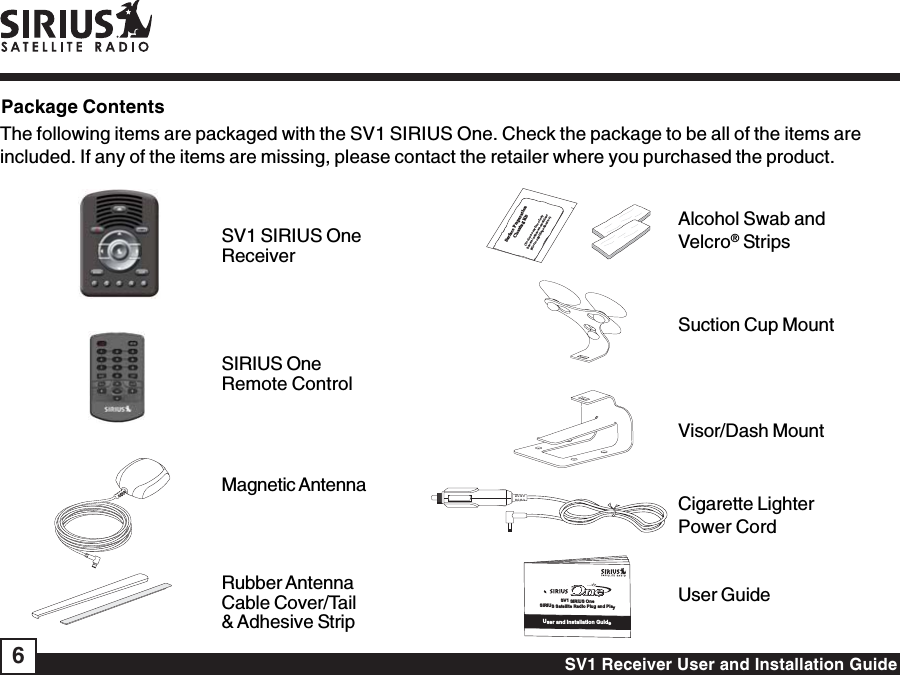 SV1 Receiver User and Installation Guide6Package ContentsSurfacePreparationCleaningKit(To clean a surface of anyknown / unknown emulsionsprior to applying adhesives.)SV1 SIRIUS OneReceiverMagnetic AntennaSIRIUS OneRemote ControlRubber AntennaCable Cover/Tail&amp; Adhesive StripAlcohol Swab andVelcro® StripsSuction Cup MountVisor/Dash MountCigarette LighterPower CordUser GuideThe following items are packaged with the SV1 SIRIUS One. Check the package to be all of the items areincluded. If any of the items are missing, please contact the retailer where you purchased the product.User and Installation GuideSV1 SIRIUS OneSIRIUS Satellite Radio Plug and Play