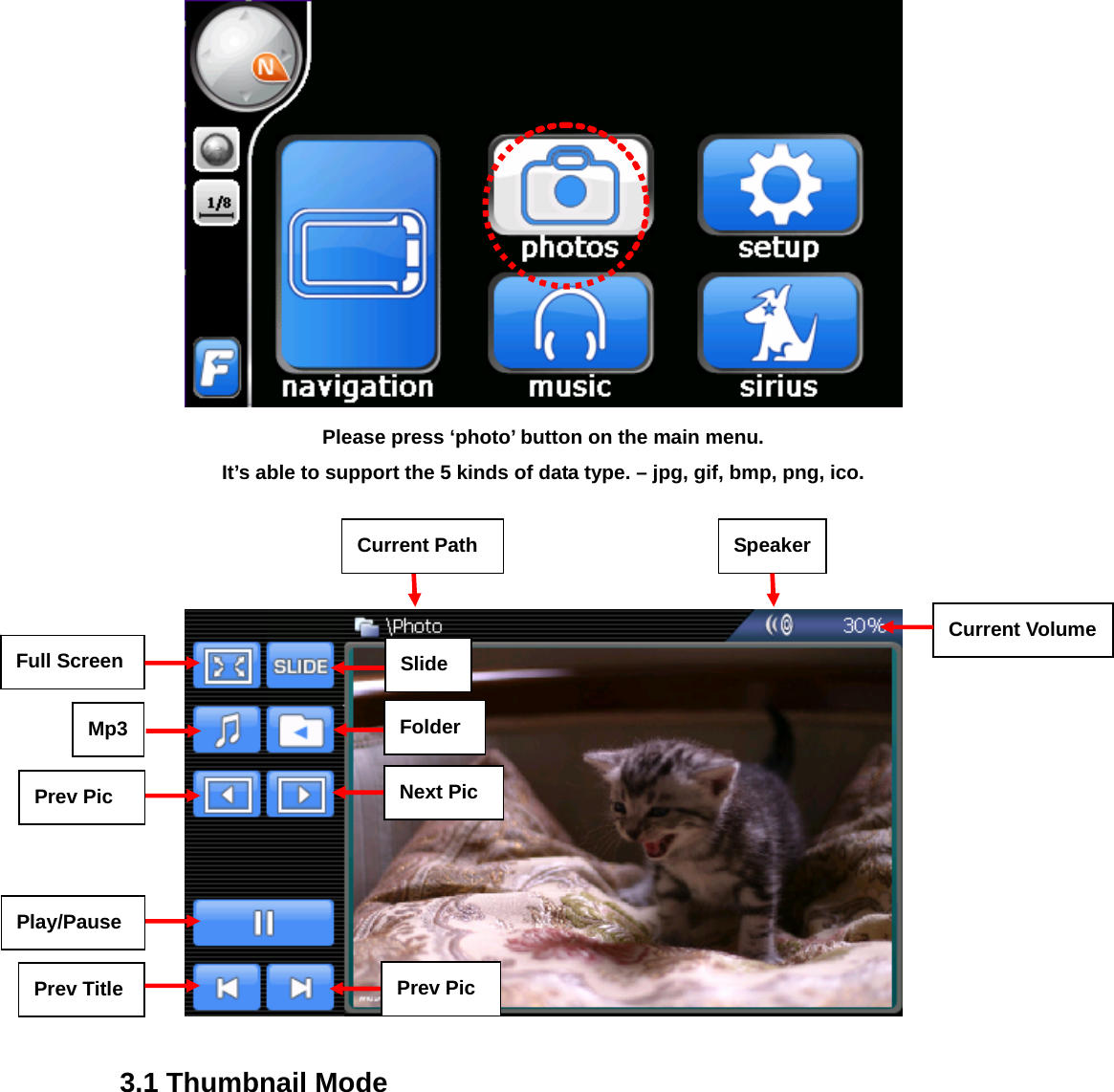  Please press ‘photo’ button on the main menu. It’s able to support the 5 kinds of data type. – jpg, gif, bmp, png, ico.      3.1 Thumbnail Mode  Full Screen Mp3 Current PathPrev Pic Speaker Current VolumeSlideFolderNext PicPlay/Pause Prev Title  Prev Pic