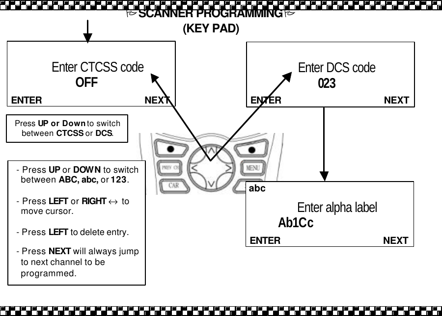  NEXTENTER Enter DCS code                  023   NEXTENTER Enter CTCSS code                 OFF  Press UP or Down to switch between CTCSS or DCS.  NEXTENTER Enter alpha label     Ab1Cc abc - Press UP or DOWN to switch between ABC, abc, or 123.  - Press LEFT or RIGHT &harr; to move cursor.  - Press LEFT to delete entry.  - Press NEXT will always jump to next channel to be programmed.  PSCANNER PROGRAMMINGP (KEY PAD) 