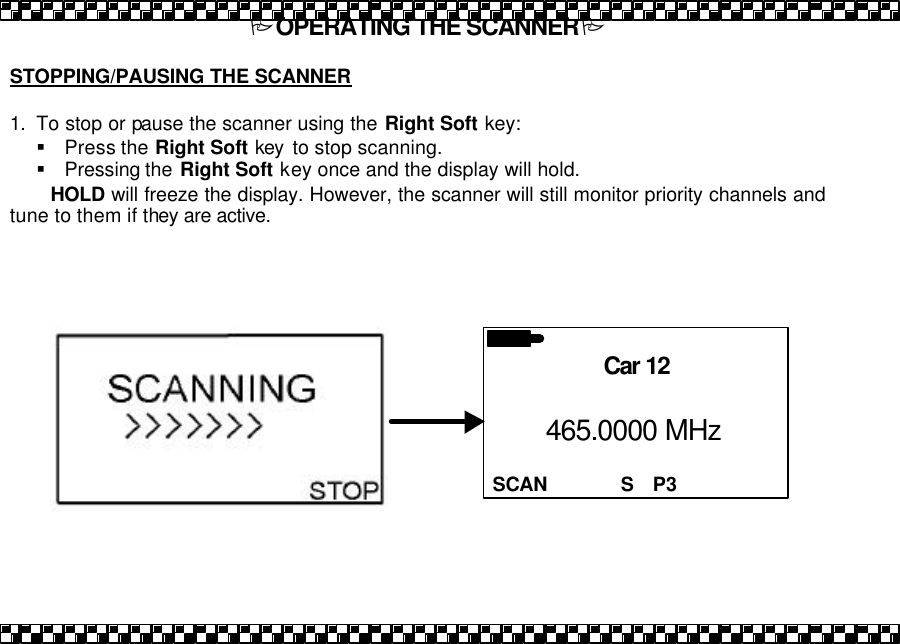 POPERATING THE SCANNERP  STOPPING/PAUSING THE SCANNER   1. To stop or pause the scanner using the Right Soft key: &sect; Press the Right Soft key  to stop scanning. &sect; Pressing the  Right Soft key once and the display will hold. HOLD will freeze the display. However, the scanner will still monitor priority channels and tune to them if they are active.       SCAN 465.0000 MHz S   P3 Car 12 