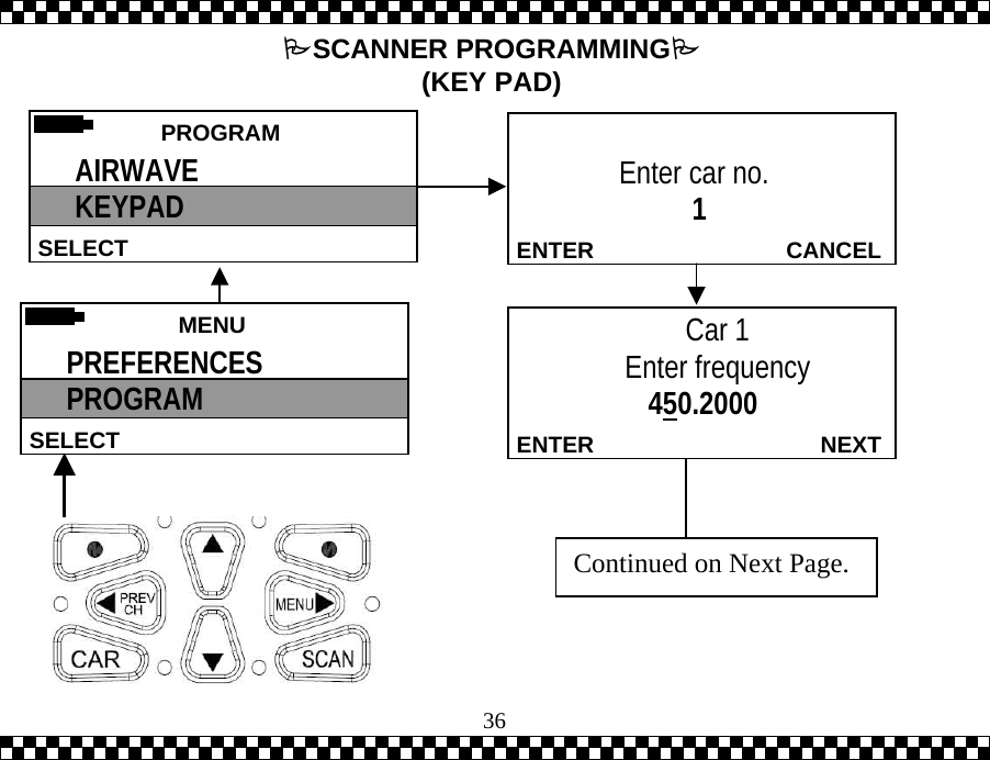  36 CANCELENTER         Enter car no.                    1  MENU SELECT PREFERENCES PROGRAM  NEXTENTERCar 1 Enter frequency              450.2000  Continued on Next Page. SCANNER PROGRAMMING (KEY PAD)  PROGRAM  SELECT AIRWAVE KEYPAD 