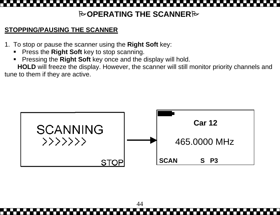  44OPERATING THE SCANNER  STOPPING/PAUSING THE SCANNER   1.  To stop or pause the scanner using the Right Soft key:  Press the Right Soft key to stop scanning.  Pressing the Right Soft key once and the display will hold. HOLD will freeze the display. However, the scanner will still monitor priority channels and tune to them if they are active.      SCAN 465.0000 MHz S   P3 Car 12