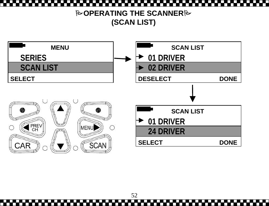  52 SCAN LISTDONEDESELECT01 DRIVER 02 DRIVER  SCAN LISTDONESELECT01 DRIVER 24 DRIVER  MENU  SELECT SERIES SCAN LIST OPERATING THE SCANNER (SCAN LIST) 