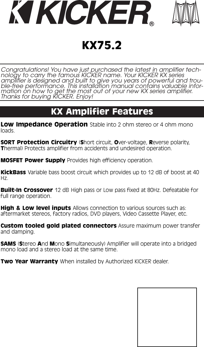 Page 1 of 9 - Kicker Kicker-2003-Kx75-2-Owners-Manual- 2002 KX75.2 Amplifier Manual  Kicker-2003-kx75-2-owners-manual