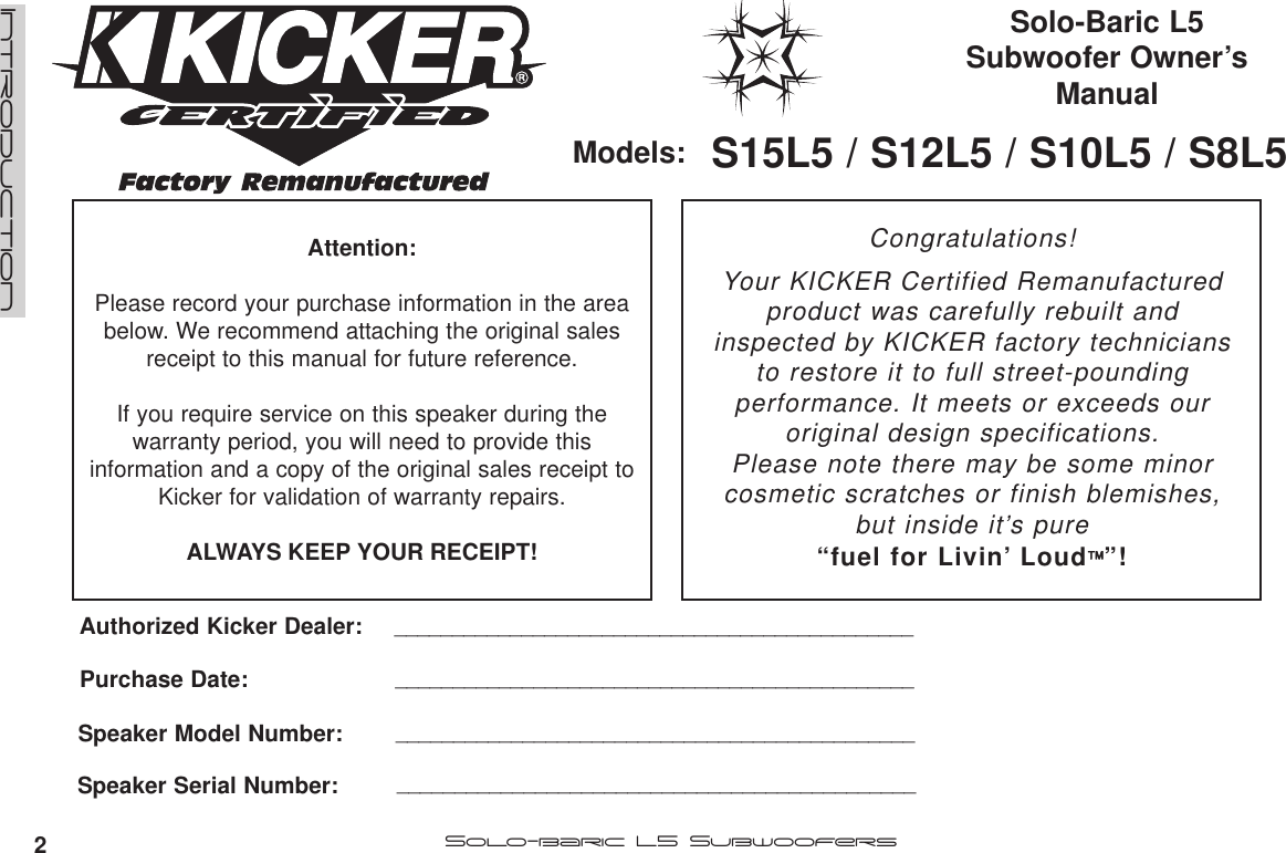 Page 2 of 12 - Kicker Kicker-L5-Users-Manual-  Kicker-l5-users-manual