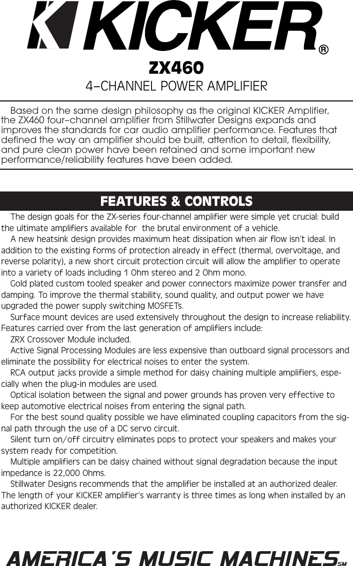 Page 1 of 12 - Kicker Kicker-Zx460-Users-Manual- ZX460 Amps Rdrs  Kicker-zx460-users-manual