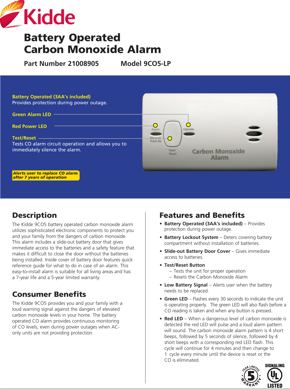 Page 1 of 2 - Kidde Kidde-9Co5-Lp-Users-Manual-  Kidde-9co5-lp-users-manual