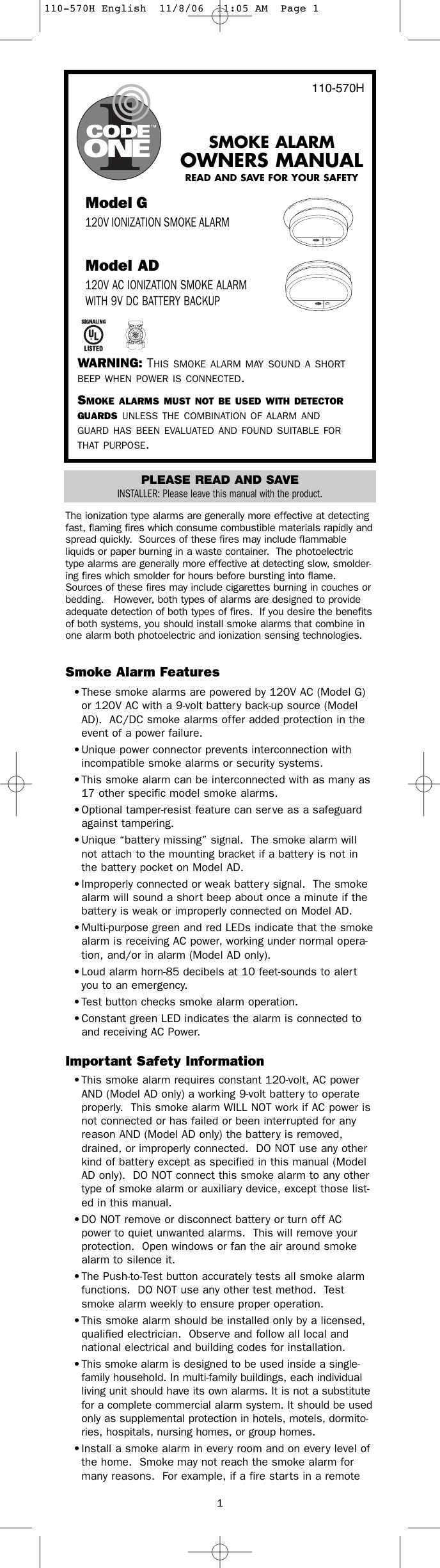 Page 1 of 8 - Kidde Kidde-Code-One-G-Ad-1012-1018-English-110570H-Owner-S-Manual 110-570H English