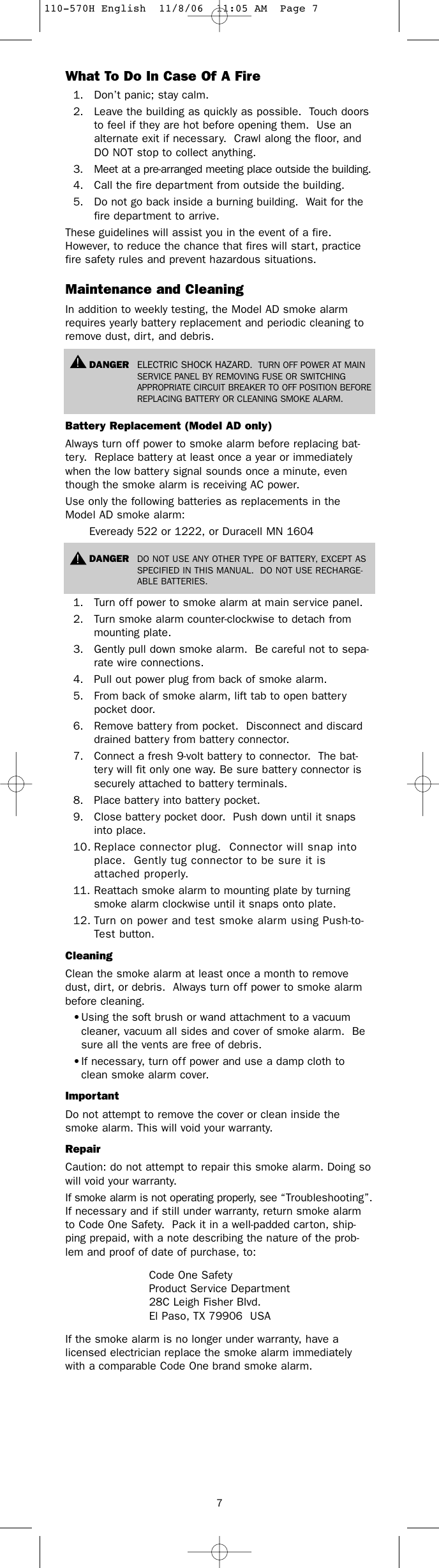 Page 7 of 8 - Kidde Kidde-Code-One-G-Ad-1012-1018-English-110570H-Owner-S-Manual 110-570H English