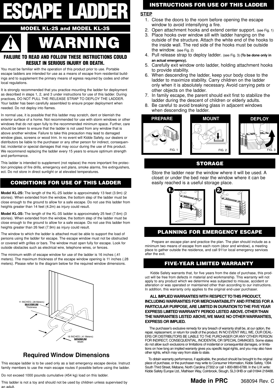Page 1 of 1 - Kidde Kidde-Kidde-Kl-2S-Kl-3S-English-368094C-Owner-S-Manual Ladder Manual Printouts 1/00