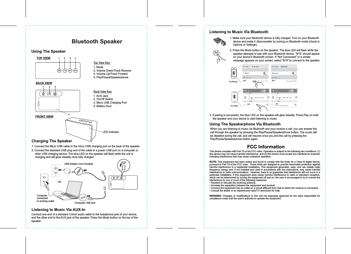 XX-B19 - IB (English)Size: 90 x 150 (mm)Material: 90gsm WF paperColor: 1C + 1C (Black)Date: Apr 09, 2015XX-B19_040915-A Printed in ChinaListening to Music Via BluetoothFor iPhoneB19 B19B19 B19For otherComputerconnectedto working outlet Computer USB portORUSB Adaptor (not included)Charging The SpeakerListening to Music Via AUX-InTOP VIEWBACK VIEWUsing The SpeakerM12344Top View Key:1. Mode2. Volume Down/Track Reverse3. Volume Up/Track Forward4. Play/Pause/SpeakerphoneBack View Key:1. AUX Jack2. On/Off Switch3. Micro USB Charging Port4. Battery DoorMFRONT VIEWB19RechargeableBluetooth SpeakerQuestions? Visit www.ekids.com For any other questions: 1-888-TOP-TOYS Toll FreeDistributed by ekids   1299 Main Street Rahway NJ 070651. Connect the Micro USB cable to the micro USB charging port on the back of the speaker.2. Connect the standard USB plug end of the cable to a power USB port on a computer or other USB charging device. The blue LED on the speaker will flash while the unit is charging and will glow steadily once fully charged.Connect one end of a standard 3.5mm audio cable to the headphone jack of your device, and the other end to the AUX jack of the speaker. Press the Mode button on the top of the speakerThis device complies with Part 15 of the FCC rules. Operation is subject to the following two conditions: (1) this device may not cause harmful interference, and (2) this device must accept any interference received, including interference that may cause undesired operation.NOTE: This equipment has been tested and found to comply with the limits for a Class B digital device, pursuant to Part 15 of the FCC rules.  These limits are designed to provide reasonable protection against harmful interference in a residential installation. This equipment generates, uses, and can radiate radio frequency energy and, if not installed and used in accordance with the instructions, may cause harmful interference to radio communications.  However, there is no guarantee that interference will not occur in a particular installation. If this equipment does cause harmful interference to radio or television reception, which can be determined by turning the equipment off and on, the user is encouraged to try to correct the interference by one or more of the following measures:• Reorient or relocate the receiving antenna.• Increase the separation between the equipment and receiver.• Connect the equipment into an outlet on a circuit different from that to which the receiver is connected.• Consult the dealer or an experienced radio/TV technician for help.WARNING: Changes or modifications to this unit not expressly approved by the party responsible for compliance could void the user&apos;s authority to operate the equipment.CAN ICES-3 (B)/NMB-3(B)FCC InformationAUX ON OFF DC5VAUX ON OFF DC5V1231. Make sure your Bluetooth device is fully charged. Turn on your Bluetooth device and make it ‘discoverable’ by turning on Bluetooth mode (check in Options or Settings).2. Press the Mode button on the speaker. The blue LED will flash while the speaker attempts to pair with your Bluetooth device. “B19” should appear on your device’s Bluetooth screen. If “Not Connected” or a similar message appears on your screen, select “B19” to connect to the speaker.3. If pairing is successful, the blue LED on the speaker will glow steadily. Press Play on both the speaker and your device to start listening to music.Using The Speakerphone Via Bluetooth When you are listening to music via Bluetooth and your receive a call, you can answer the  call through the speaker by pressing the Play/Pause/Speakerphone button. The music will  be disabled during the call, and will resume once you end the call by pressing the  Play/Pause/Speakerphone button again.LED Indicator
