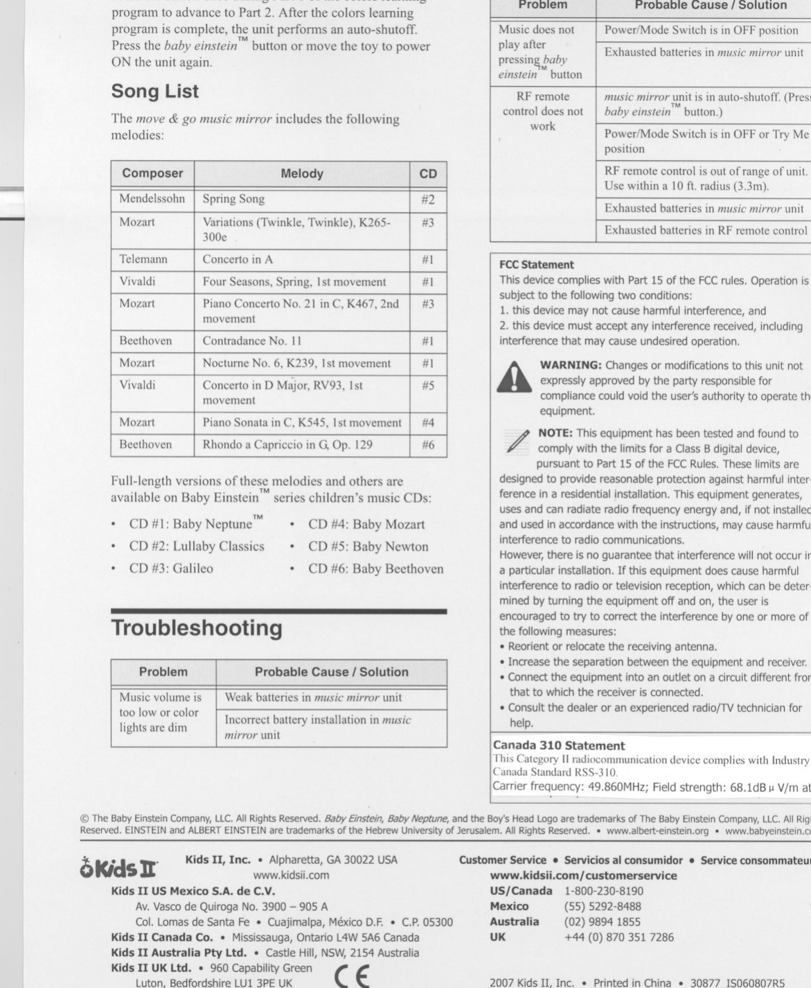 The move &amp;go music mirror includes the followingmelodies:Full-length versions of these melodies and others are••• TM •••available on Baby Emstem senes children&apos;s mUSICCDs:Press the button once during Part 1 of the colors learningprogram to advance to Part 2. After the colors learningprogram is complete, the unit performs an auto-shutoff.Press the baby einstein ™button or move the toy to powerON the unit again.Problem Probable Cause ISolutionMusic volume isWeak batteries in music mirror unittoo low or col or Incorrect battery installation in musiclights are dim mirror unitWARNING: Changes or modifications to this unit notexpressly approved by the party responsible forcompliance could void the user&apos;s authority to operate theequipment.............•.~ NOTE: This equipment has been tested and found to#i comply with the limits for a Class B digital device,pursuant to Part 15 of the FCC Rules. These limits aredesigned to provide reasonable protection against harmful inter-ference in a residential installation. This equipment generates,uses and can radiate radio frequency energy and, if not installedand used in accordance with the instructions, may cause harmfulinterference to radio communications.However, there is no guarantee that interference will not occur ina particular installation. If this equipment does cause harmfulinterference to radio or television reception, which can be deter-mined by turning the equipment off and on, the user isencouraged to try to correct the interference by one or more ofthe following measures:• Reorient or relocate the receiving antenna.• Increase the separation between the equipment and receiver.• Connect the equipment into an outlet on a circuit different fromthat to which the receiver is connected.• Consult the dealer or an experienced radio/TV technician forhelp.FCCStatementThis device complies with Part 15 of the FCC rules. Operation issubject to the following two conditions:1. this device may not cause harmful interference, and2. this device must accept any interference received, includinginterference that may cause undesired operation.ACanada 310 StatementThis Category I1 radiocommunication device complies with IndustryCanada Standard RSS-3 10.Carrier frequency: 49.860MHz; Field strength: 68.1dB 11 V/m at 3mProblem Probable Cause ISolutionMusic does notPower/Mode Switch is in OFF positionplay after Exhausted batteries in music mirror unitpressin&amp;~aby einstein buttonRF remotemusic mirror TL~nitis in auto-shutoff. (Presscontrol does not babyeinstein button.)work Power/Mode Switch is in OFF or Try MepositionRF remote control is out of range of unit.Use within a 10ft. radius (3.3m).Exhausted batteries in music mirror unitExhausted batteries in RF remote controlCD #4: Baby MozartCD #5: Baby NewtonCD #6: Baby BeethovenTMCD #1: Baby NeptuneCD #2: Lullaby ClassicsCD #3: GalileoComposer MelodyCDMendelssohnSpring Song #2MozartVariations (Twinkle, Twinkle), K265-#3300e TelemannConcerto in A #1VivaldiFour Seasons, Spring, I st movement#1M ozartPiano Concerto No. 21 in C, K467, 2nd#3movement BeethovenContradance No. 11 #1MozartNocturne No. 6, K239, 1st movement#1VivaldiConcerto in D Major, RV93, 1st#5movement MozartPiano Sonata in C, K545, 1st movement#4BeethovenRhondo a Capriccio in G, Op. 129#6Song ListTroubleshooting©The Baby Einstein Company, LLC. All Rights Reserved. Baby Einstein, Baby Neptune, and the Boy&apos;s Head Logo are trademarks of The Baby Einstein Company, LLC. All RightsReserved. EINSTEIN and ALBERT EINSTEIN are trademarks of the Hebrew University of Jerusalem. All Rights Reserved. • www.albert-einstein.org • www.babyeinstein.comKids 11, Inc .• Alpharetta, GA 30022 USAwww.kidsiLcomKids 11 US Mexico S.A. de C.V.Av. Vasco de Quiroga No. 3900 - 905 ACol. Lomas de Santa Fe • Cuajimalpa, Mexico D.F. • c.P. 05300Kids 11 Canada Co. • Mississauga, Ontario L4W 5A6 CanadaKids 11 Australia pty Ltd .• Castle Hill, NSW, 2154 AustraliaKids 11 UK Ltd. • 960 Capability GreenLuton, Bedfordshire LUl 3PE UKokidsII&apos;CECustomer Service • Servicios al consumidor • Service consommateurswww.kidsii.com/customerserviceUS/Canada 1-800-230-8190Mexico (55) 5292-8488Australia (02) 9894 1855UK +44 (0) 870 351 72862007 Kids 11,Inc. • Printed in China • 30877_IS060807R5-4-