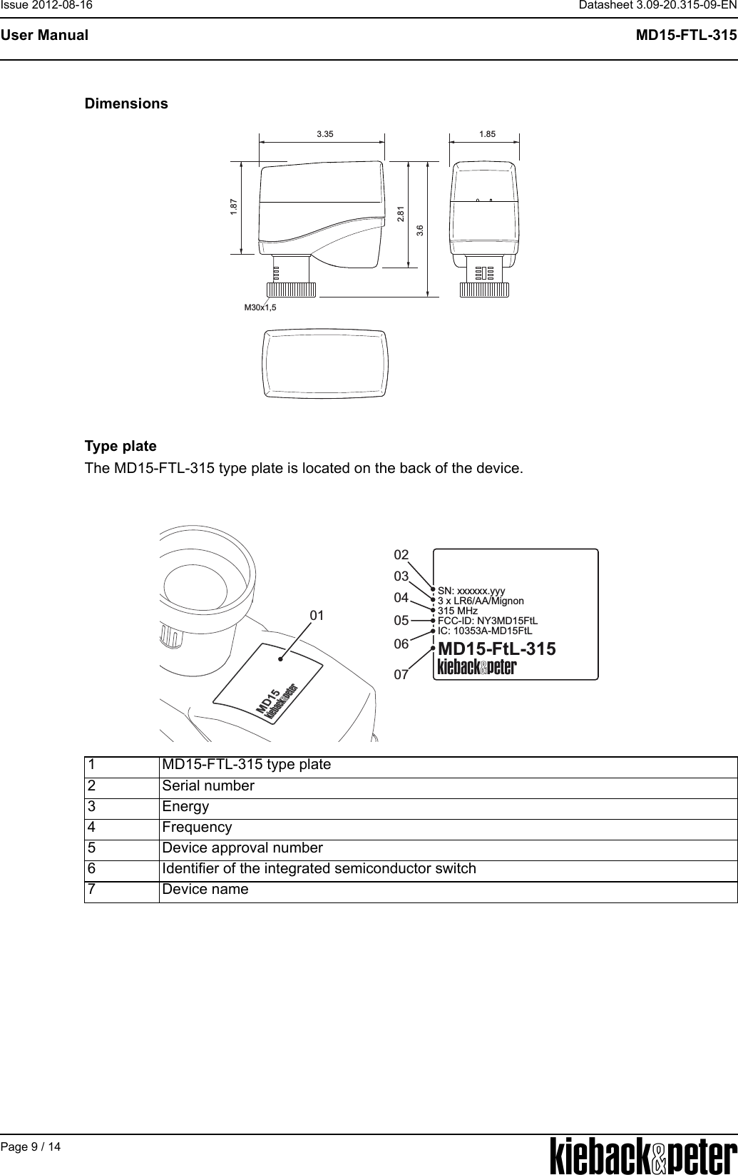 APage 9 / 14Datasheet 3.09-20.315-09-ENMD15-FTL-315User ManualIssue 2012-08-16DimensionsType plateThe MD15-FTL-315 type plate is located on the back of the device.1 MD15-FTL-315 type plate2 Serial number3Energy4 Frequency5 Device approval number6 Identifier of the integrated semiconductor switch7 Device name3.35 1.852.811.873.6M30x1,5MD15-FtL-315ASN: xxxxxx.yyy3 x LR6/AA/Mignon315 MHzFCC-ID: NY3MD15FtLIC: 10353A-MD15FtL030207060504MD15A01