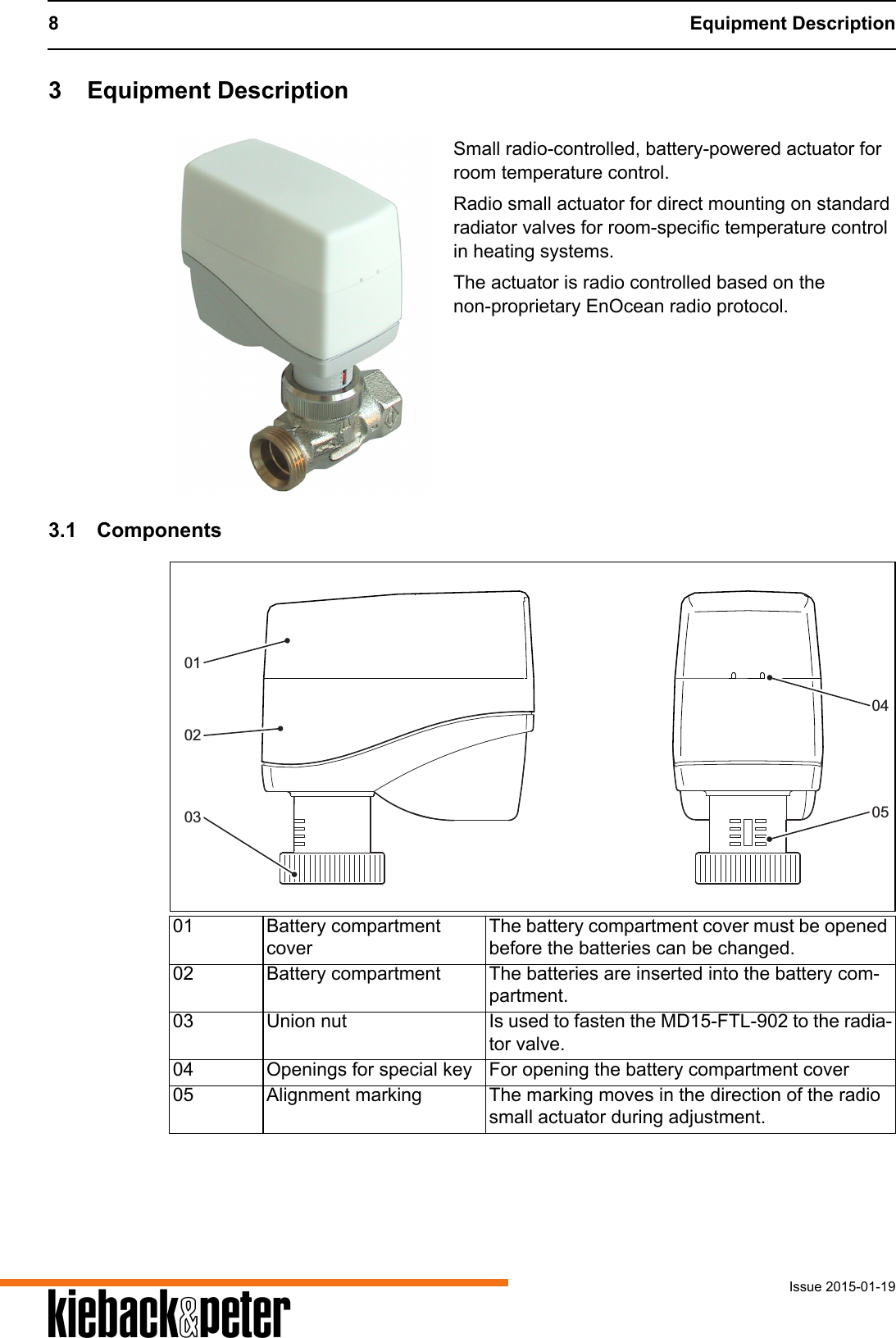 8 Equipment DescriptionIssue 2015-01-19A3 Equipment DescriptionSmall radio-controlled, battery-powered actuator for room temperature control.Radio small actuator for direct mounting on standard radiator valves for room-specific temperature control in heating systems.The actuator is radio controlled based on the non-proprietary EnOcean radio protocol.3.1 Components01 Battery compartment coverThe battery compartment cover must be opened before the batteries can be changed.02 Battery compartment The batteries are inserted into the battery com-partment.03 Union nut Is used to fasten the MD15-FTL-902 to the radia-tor valve.04 Openings for special key For opening the battery compartment cover05 Alignment marking The marking moves in the direction of the radio small actuator during adjustment.0504030102