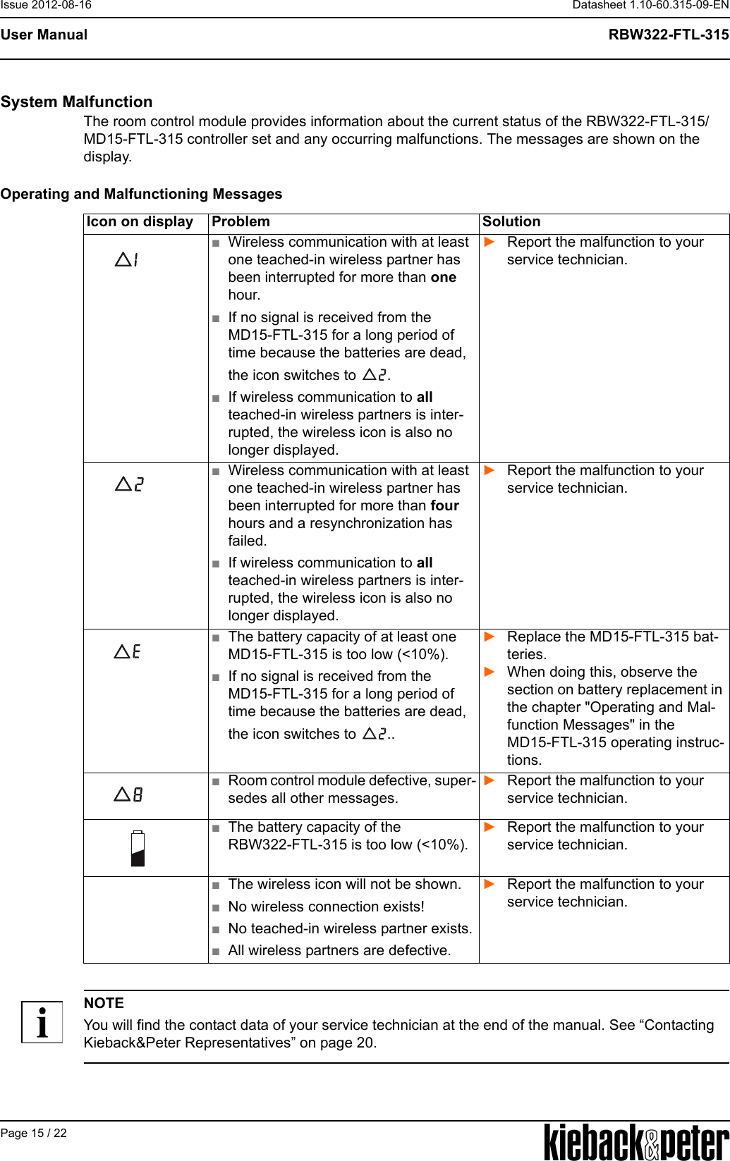 APage 15 / 22Datasheet 1.10-60.315-09-ENRBW322-FTL-315User ManualIssue 2012-08-16System MalfunctionThe room control module provides information about the current status of the RBW322-FTL-315/MD15-FTL-315 controller set and any occurring malfunctions. The messages are shown on the display.Operating and Malfunctioning MessagesNOTEYou will find the contact data of your service technician at the end of the manual. See &ldquo;Contacting Kieback&amp;Peter Representatives&rdquo; on page 20.Icon on display Problem Solution■Wireless communication with at least one teached-in wireless partner has been interrupted for more than one hour.■If no signal is received from the MD15-FTL-315 for a long period of time because the batteries are dead, the icon switches to  .■If wireless communication to all teached-in wireless partners is inter-rupted, the wireless icon is also no longer displayed.►Report the malfunction to your service technician. ■Wireless communication with at least one teached-in wireless partner has been interrupted for more than four hours and a resynchronization has failed.■If wireless communication to all teached-in wireless partners is inter-rupted, the wireless icon is also no longer displayed.►Report the malfunction to your service technician. ■The battery capacity of at least one MD15-FTL-315 is too low (<10%).■If no signal is received from the MD15-FTL-315 for a long period of time because the batteries are dead, the icon switches to  ..►Replace the MD15-FTL-315 bat-teries.  ►When doing this, observe the section on battery replacement in the chapter "Operating and Mal-function Messages" in the MD15-FTL-315 operating instruc-tions.■Room control module defective, super-sedes all other messages.►Report the malfunction to your service technician. ■The battery capacity of the RBW322-FTL-315 is too low (<10%).►Report the malfunction to your service technician. ■The wireless icon will not be shown.■No wireless connection exists!■No teached-in wireless partner exists.■All wireless partners are defective.►Report the malfunction to your service technician. 