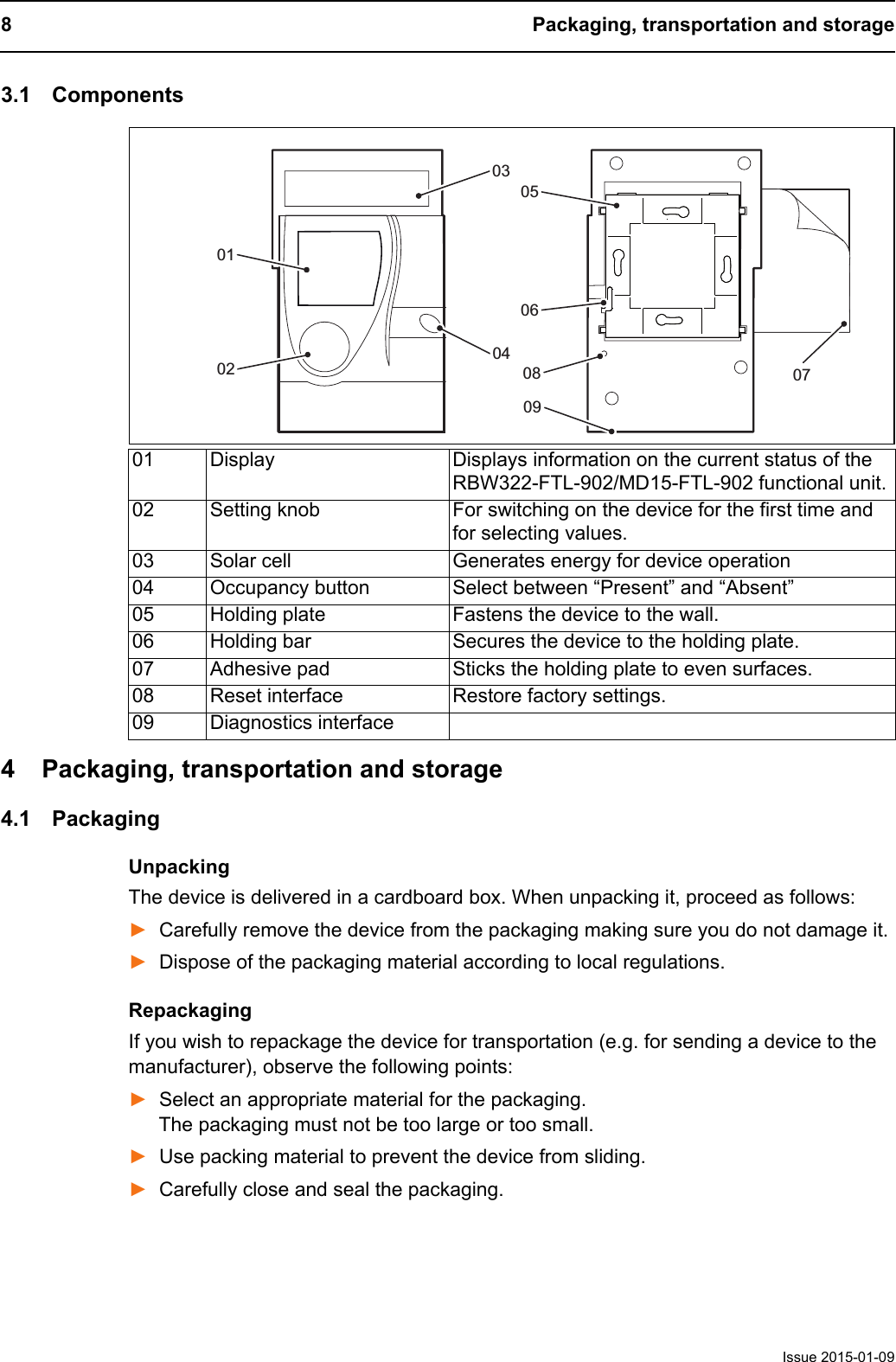 8 Packaging, transportation and storageIssue 2015-01-093.1 Components4 Packaging, transportation and storage4.1 PackagingUnpackingThe device is delivered in a cardboard box. When unpacking it, proceed as follows:►Carefully remove the device from the packaging making sure you do not damage it.►Dispose of the packaging material according to local regulations.RepackagingIf you wish to repackage the device for transportation (e.g. for sending a device to the manufacturer), observe the following points:►Select an appropriate material for the packaging. The packaging must not be too large or too small.►Use packing material to prevent the device from sliding.►Carefully close and seal the packaging.01 Display Displays information on the current status of the RBW322-FTL-902/MD15-FTL-902 functional unit.02 Setting knob For switching on the device for the first time and for selecting values.03 Solar cell Generates energy for device operation04 Occupancy button Select between &ldquo;Present&rdquo; and &ldquo;Absent&rdquo;05 Holding plate Fastens the device to the wall.06 Holding bar Secures the device to the holding plate.07 Adhesive pad Sticks the holding plate to even surfaces.08 Reset interface Restore factory settings.09 Diagnostics interface030407010205060809