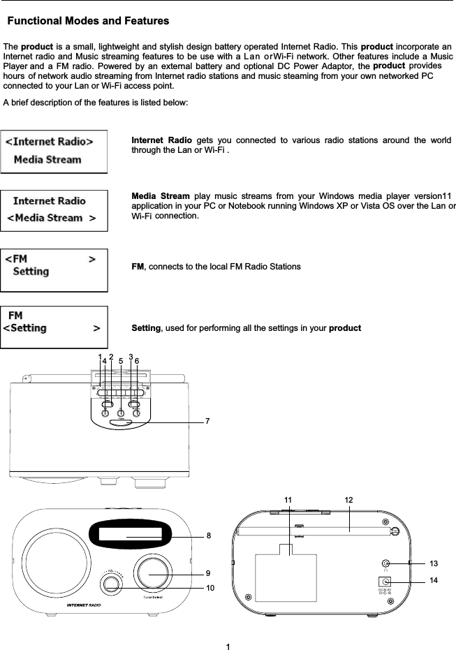 Functional Modes and FeaturesThe product is a small, lightweight and stylish design battery operated Internet Radio. This product incorporate anInternet radio and Music streaming features to be use with a  Lan orWi-Fi network. Other features include a MusicPlayer and a FM radio. Powered by an external battery and optional DC Power Adaptor, the product provideshours of network audio streaming from Internet radio stations and music steaming from your own networked PCconnected to your Lan or Wi-Fi access point.A brief description of the features is listed below:Internet Radio gets you connected to various radio stations around the worldthrough the Lan or Wi-Fi .Media Stream play music streams from your Windows media player version11application in your PC or Notebook running Windows XP or Vista OS over the Lan or Wi-Fi connection.FM, connects to the local FM Radio StationsSetting, used for performing all the settings in your product112 3456711 1289101314