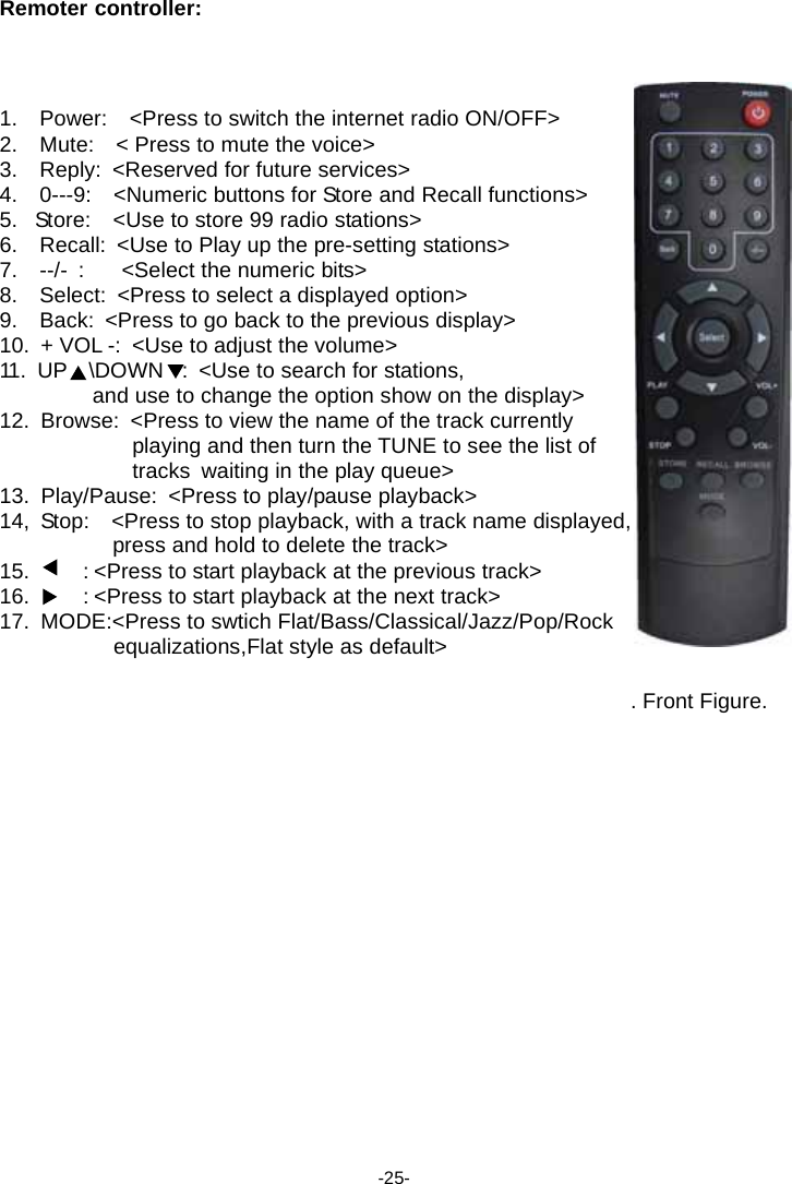 Remoter controller:     1.    Power:    <Press to switch the internet radio ON/OFF> 2.    Mute:    < Press to mute the voice> 3.    Reply:  <Reserved for future services> 4.    0---9:    <Numeric buttons for Store and Recall functions> 5.   Store:    <Use to store 99 radio stations> 6.    Recall:  <Use to Play up the pre-setting stations> 7.    --/-  : <Select the numeric bits> 8.    Select:  <Press to select a displayed option> 9.    Back:  <Press to go back to the previous display> 10.  + VOL -:  <Use to adjust the volume> 11 .  UP    \DOWN   :  <Use to search for stations, and use to change the option show on the display> 12.  Browse:  <Press to view the name of the track currently playing and then turn the TUNE to see the list of tracks  waiting in the play queue> 13.  Play/Pause:  <Press to play/pause playback> 14,  Stop:    <Press to stop playback, with a track name displayed, press and hold to delete the track> 15. : <Press to start playback at the previous track> 16. : <Press to start playback at the next track> 17.  MODE:<Press to swtich Flat/Bass/Classical/Jazz/Pop/Rock equalizations,Flat style as default>   . Front Figure.                     -25- 