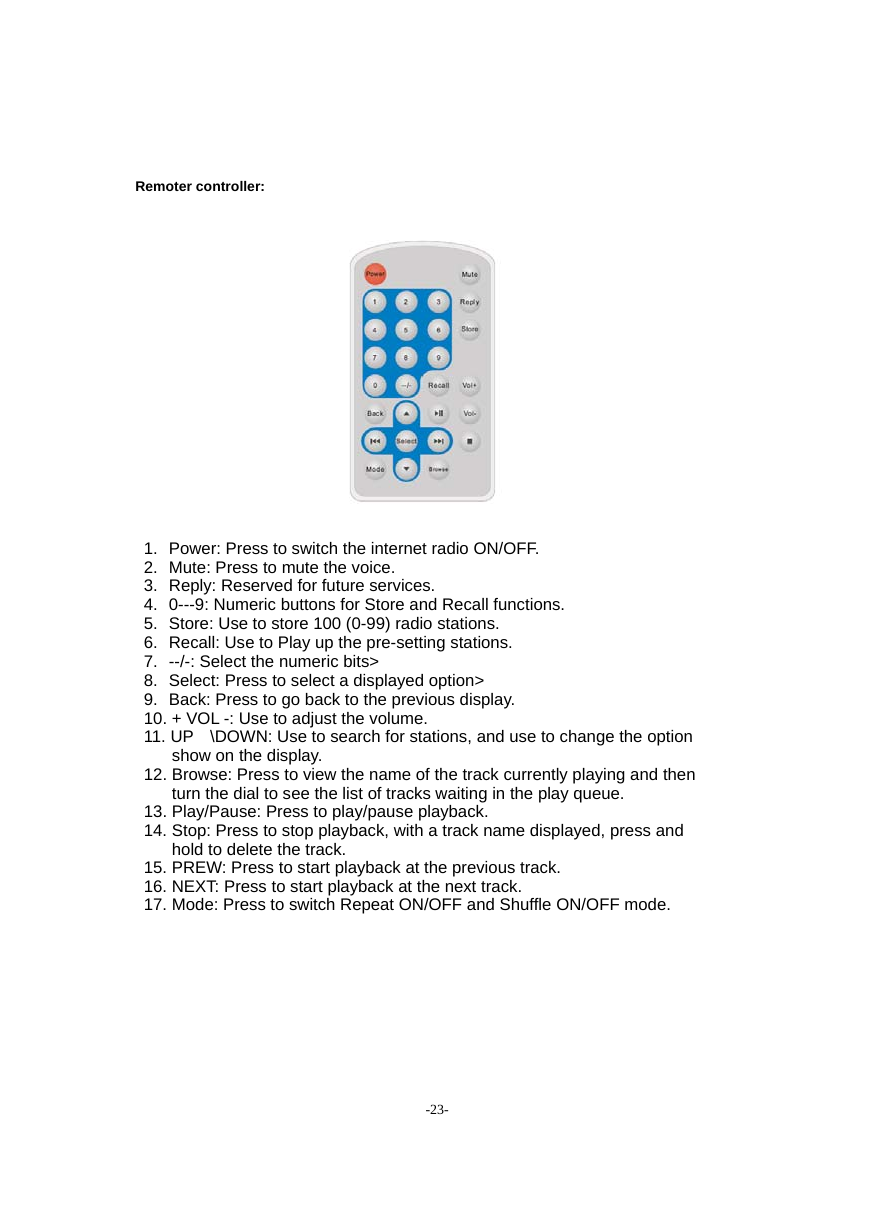 -23-  Remoter controller:                   1.  Power: Press to switch the internet radio ON/OFF. 2.   Mute: Press to mute the voice. 3.   Reply: Reserved for future services. 4.   0---9: Numeric buttons for Store and Recall functions. 5.   Store: Use to store 100 (0-99) radio stations. 6.   Recall: Use to Play up the pre-setting stations. 7.   --/-: Select the numeric bits> 8.   Select: Press to select a displayed option> 9.   Back: Press to go back to the previous display. 10. + VOL -: Use to adjust the volume. 11. UP    \DOWN: Use to search for stations, and use to change the option show on the display. 12. Browse: Press to view the name of the track currently playing and then turn the dial to see the list of tracks waiting in the play queue. 13. Play/Pause: Press to play/pause playback. 14. Stop: Press to stop playback, with a track name displayed, press and hold to delete the track. 15. PREW: Press to start playback at the previous track. 16. NEXT: Press to start playback at the next track. 17. Mode: Press to switch Repeat ON/OFF and Shuffle ON/OFF mode.     