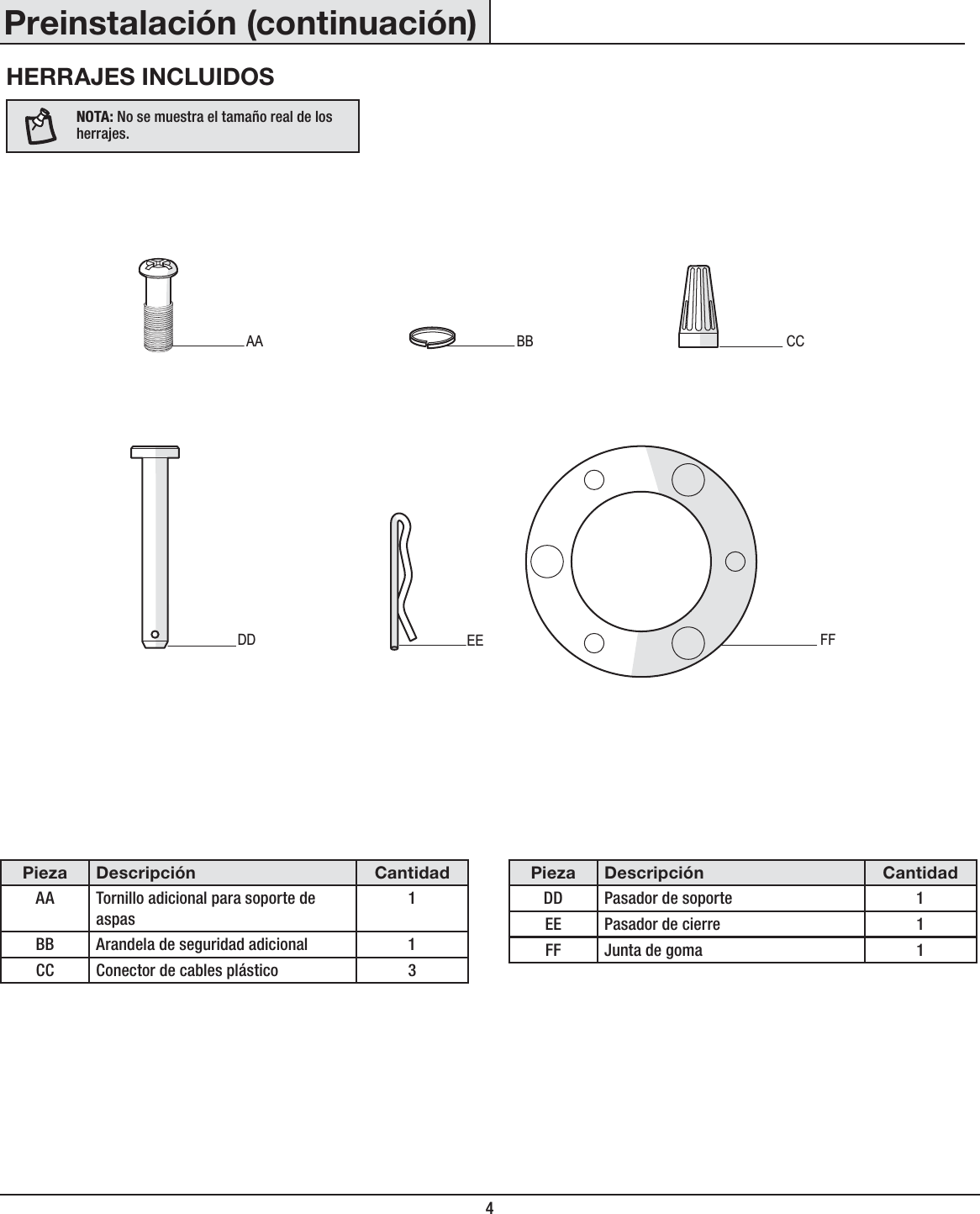 4Pieza Descripción CantidadAA Tornillo adicional para soporte de aspas1BB Arandela de seguridad adicional 1CC Conector de cables plástico 3Pieza Descripción CantidadDD Pasador de soporte 1EE Pasador de cierre 1FF Junta de goma 1Preinstalación (continuación)HERRAJES INCLUIDOSNOTA: No se muestra el tamaño real de los herrajes.CCDD EEAAFFBB