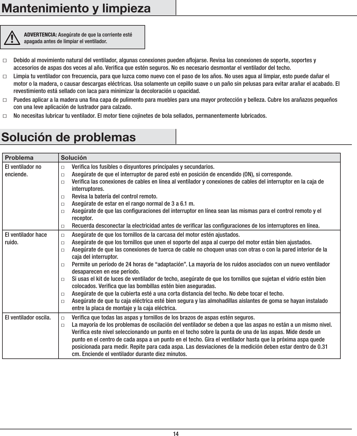 14Solución de problemasProblema SoluciónEl ventilador no enciende.ƑVerica los fusibles o disyuntores principales y secundarios.ƑAsegúrate de que el interruptor de pared esté en posición de encendido (ON), si corresponde.ƑVerica las conexiones de cables en línea al ventilador y conexiones de cables del interruptor en la caja de interruptores.ƑRevisa la batería del control remoto.ƑAsegúrate de estar en el rango normal de 3 a 6.1 m.ƑAsegúrate de que las conguraciones del interruptor en línea sean las mismas para el control remoto y el receptor. ƑRecuerda desconectar la electricidad antes de vericar las conguraciones de los interruptores en línea.El ventilador hace ruido.ƑAsegúrate de que los tornillos de la carcasa del motor estén ajustados.ƑAsegúrate de que los tornillos que unen el soporte del aspa al cuerpo del motor están bien ajustados.ƑAsegúrate de que las conexiones de tuerca de cable no choquen unas con otras o con la pared interior de la caja del interruptor.ƑPermite un período de 24 horas de “adaptación”. La mayoría de los ruidos asociados con un nuevo ventilador desaparecen en ese período.ƑSi usas el kit de luces de ventilador de techo, asegúrate de que los tornillos que sujetan el vidrio estén bien colocados. Verica que las bombillas estén bien aseguradas.ƑAsegúrate de que la cubierta esté a una corta distancia del techo. No debe tocar el techo.ƑAsegúrate de que tu caja eléctrica esté bien segura y las almohadillas aislantes de goma se hayan instalado entre la placa de montaje y la caja eléctrica.El ventilador oscila. ƑVerica que todas las aspas y tornillos de los brazos de aspas estén seguros.ƑLa mayoría de los problemas de oscilación del ventilador se deben a que las aspas no están a un mismo nivel. Verica este nivel seleccionando un punto en el techo sobre la punta de una de las aspas. Mide desde un punto en el centro de cada aspa a un punto en el techo. Gira el ventilador hasta que la próxima aspa quede posicionada para medir. Repite para cada aspa. Las desviaciones de la medición deben estar dentro de 0.31 cm. Enciende el ventilador durante diez minutos.ƑDebido al movimiento natural del ventilador, algunas conexiones pueden aojarse. Revisa las conexiones de soporte, soportes y accesorios de aspas dos veces al año. Verica que estén seguros. No es necesario desmontar el ventilador del techo.ƑLimpia tu ventilador con frecuencia, para que luzca como nuevo con el paso de los años. No uses agua al limpiar, esto puede dañar el motor o la madera, o causar descargas eléctricas. Usa solamente un cepillo suave o un paño sin pelusas para evitar arañar el acabado. El revestimiento está sellado con laca para minimizar la decoloración u opacidad.ƑPuedes aplicar a la madera una na capa de pulimento para muebles para una mayor protección y belleza. Cubre los arañazos pequeños con una leve aplicación de lustrador para calzado.ƑNo necesitas lubricar tu ventilador. El motor tiene cojinetes de bola sellados, permanentemente lubricados.ADVERTENCIA: Asegúrate de que la corriente esté apagada antes de limpiar el ventilador.Mantenimiento y limpieza