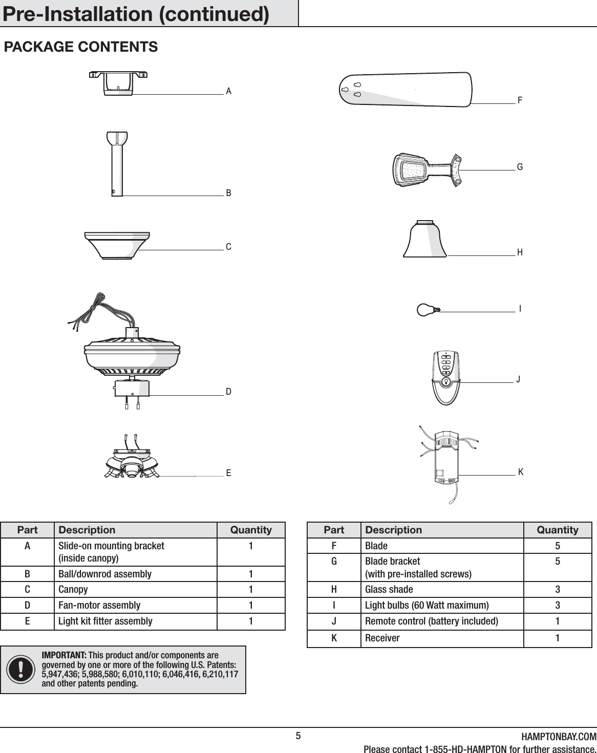 5HAMPTONBAY.COMPlease contact 1-855-HD-HAMPTON for further assistance.Part Description QuantityA Slide-on mounting bracket(inside canopy)1B Ball/downrod assembly 1C Canopy 1D Fan-motor assembly 1E Light kit tter assembly 1Part Description QuantityF Blade 5G Blade bracket(with pre-installed screws)5H Glass shade 3I Light bulbs (60 Watt maximum) 3J Remote control (battery included) 1K Receiver 1IMPORTANT: This product and/or components are governed by one or more of the following U.S. Patents: 5,947,436; 5,988,580; 6,010,110; 6,046,416, 6,210,117 and other patents pending.Pre-Installation (continued)PACKAGE CONTENTSABCFDHGEIKJ