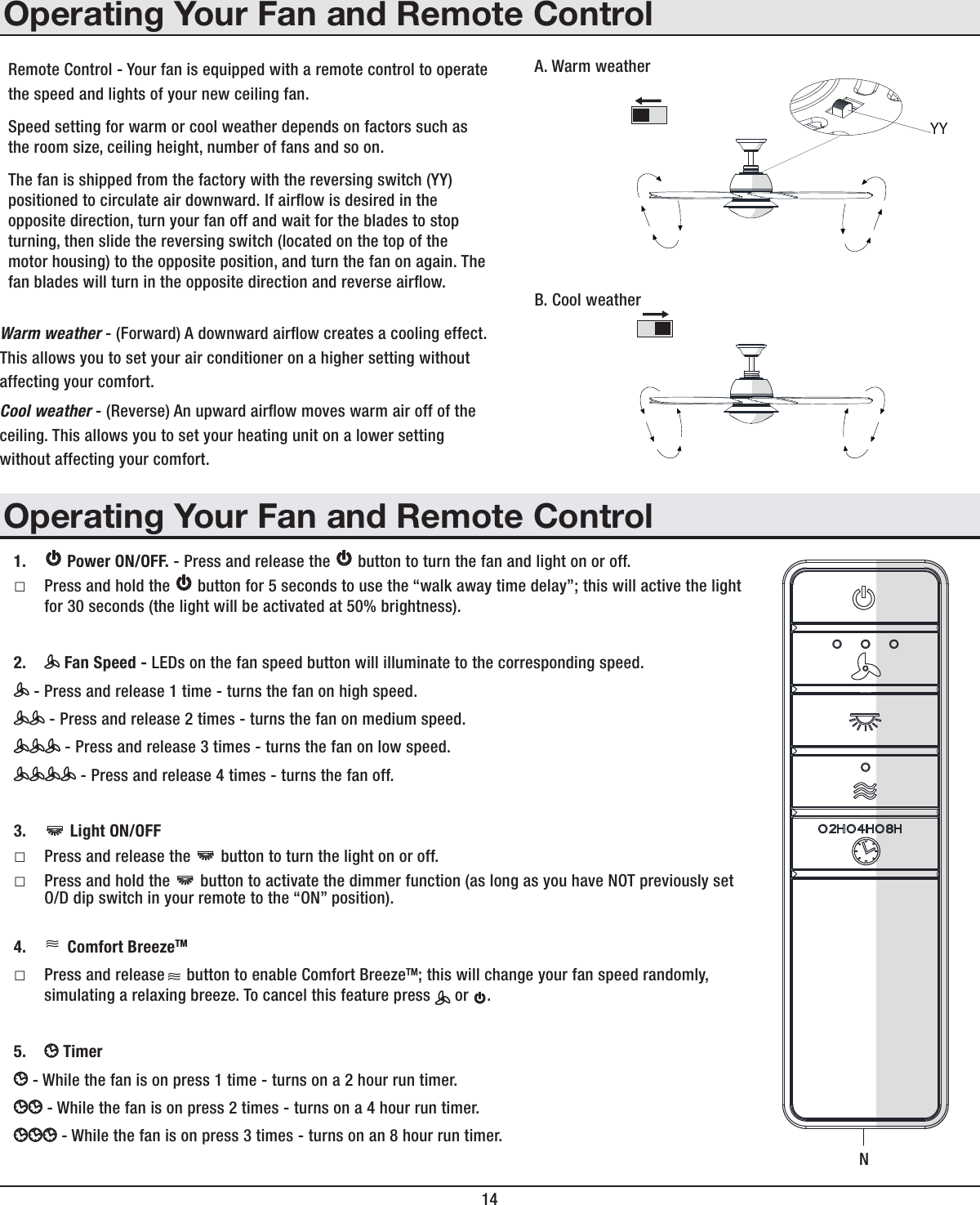 14Operating Your Fan and Remote ControlRemote Control - Your fan is equipped with a remote control to operatethe speed and lights of your new ceiling fan. Speed setting for warm or cool weather depends on factors such as the room size, ceiling height, number of fans and so on.The fan is shipped from the factory with the reversing switch (YY) positioned to circulate air downward. If airow is desired in the opposite direction, turn your fan off and wait for the blades to stop turning, then slide the reversing switch (located on the top of the motor housing) to the opposite position, and turn the fan on again. The fan blades will turn in the opposite direction and reverse airow.Warm weather - (Forward) A downward airow creates a cooling effect.This allows you to set your air conditioner on a higher setting withoutaffecting your comfort.Cool weather - (Reverse) An upward airow moves warm air off of theceiling. This allows you to set your heating unit on a lower settingwithout affecting your comfort.A. Warm weatherB. Cool weather1.    Power ON/OFF. - Press and release the   button to turn the fan and light on or off. □Press and hold the   button for 5 seconds to use the “walk away time delay”; this will active the light for 30 seconds (the light will be activated at 50% brightness).2.   Fan Speed - LEDs on the fan speed button will illuminate to the corresponding speed. - Press and release 1 time - turns the fan on high speed. - Press and release 2 times - turns the fan on medium speed. - Press and release 3 times - turns the fan on low speed. - Press and release 4 times - turns the fan off.3.    Light ON/OFF  □Press and release the   button to turn the light on or off. □Press and hold the   button to activate the dimmer function (as long as you have NOT previously set O/D dip switch in your remote to the “ON” position).4.   Comfort BreezeTM  □Press and release     button to enable Comfort BreezeTM; this will change your fan speed randomly, simulating a relaxing breeze. To cancel this feature press   or  .5.   Timer   - While the fan is on press 1 time - turns on a 2 hour run timer. - While the fan is on press 2 times - turns on a 4 hour run timer. - While the fan is on press 3 times - turns on an 8 hour run timer.Operating Your Fan and Remote ControlNYY