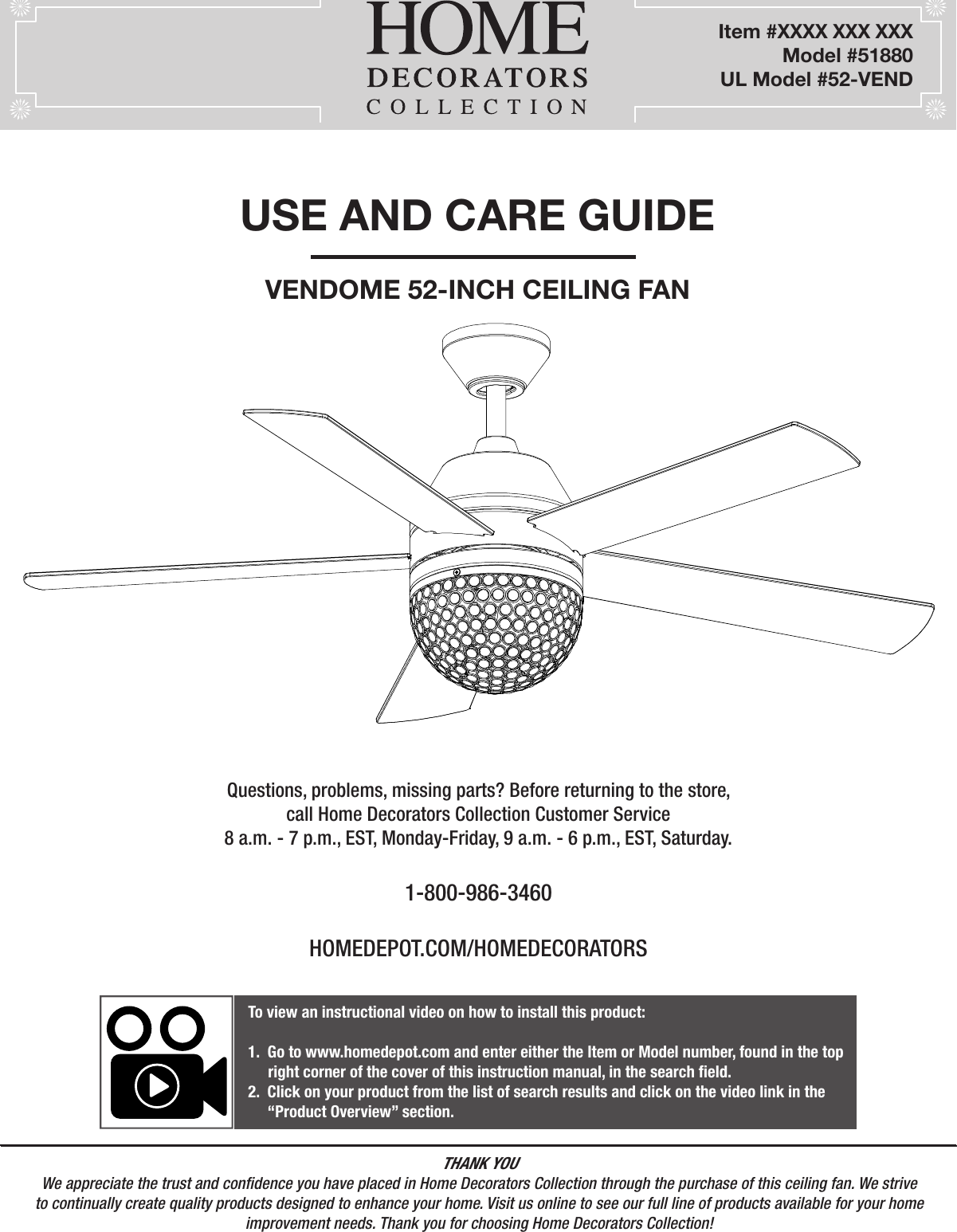 Page 1 of King of Fans 52VENDD-1 52 inch Vendome User Manual 
