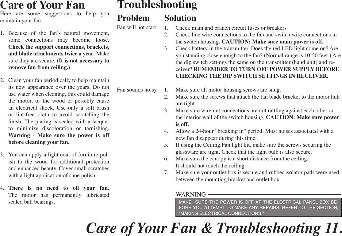 Care of Your Fan &amp; Troubleshooting 11. Care of Your FanHere are some suggestions to help you  maintain your fan.1.  Because of the fan’s natural movement, some connections may become loose. Check the support connections, brackets, and blade attachments twice a year. Make sure they are secure. (It is not necessary to remove fan from ceiling.)2.  Clean your fan periodically to help maintain its new appearance over the years. Do not use water when cleaning, this could damage the motor, or the wood or possibly cause an electrical shock. Use only a soft brush or lint-free cloth to avoid scratching the nish. The plating is sealed with  a  lacquer to minimize discoloration or tarnishing.  Warning - Make sure the power is off  before cleaning your fan.3.  You can apply a light coat of furniture pol-ish to the wood for additional protection and enhanced beauty. Cover small scratches with a light application of shoe polish.4.  There is no need to oil your fan.  The motor has permanently lubricated sealed ball bearings. MAKE  SURE THE POWER IS OFF AT THE ELECTRICAL PANEL BOX BE-FORE YOU ATTEMPT TO MAKE ANY REPAIRS. REFER TO THE SECTION, “MAKING ELECTRICAL CONNECTIONS.”Fan will not startFan sounds noisy1.  Check main and branch circuit fuses or breakers2.  Check line wire connections to the fan and switch wire connections in the switch housing. CAUTION: Make sure main power is off.3.  Check battery in the transmitter. Does the red LED light come on? Are you standing close enough to the fan? (Normal range is 10-20 feet.) Are the dip switch settings the same on the transmitter (hand unit) and re-ceiver? REMEMBER TO TURN OFF POWER SUPPLY BEFORE CHECKING THE DIP SWITCH SETTINGS IN RECEIVER. 1.  Make sure all motor housing screws are snug.2.  Make sure the screws that attach the fan blade bracket to the motor hub are tight.3.  Make sure wire nut connections are not rattling against each other or the interior wall of the switch housing. CAUTION: Make sure power is off.4.  Allow a 24-hour “breaking in” period. Most noises associated with a new fan disappear during this time.5.  If using the Ceiling Fan light kit, make sure the screws securing the glassware are tight. Check that the light bulb is also secure.6.  Make sure the canopy is a short distance from the ceiling. It should not touch the ceiling.7.  Make sure your outlet box is secure and rubber isolator pads were used between the mounting bracket and outlet box.TroubleshootingProblem Solution
