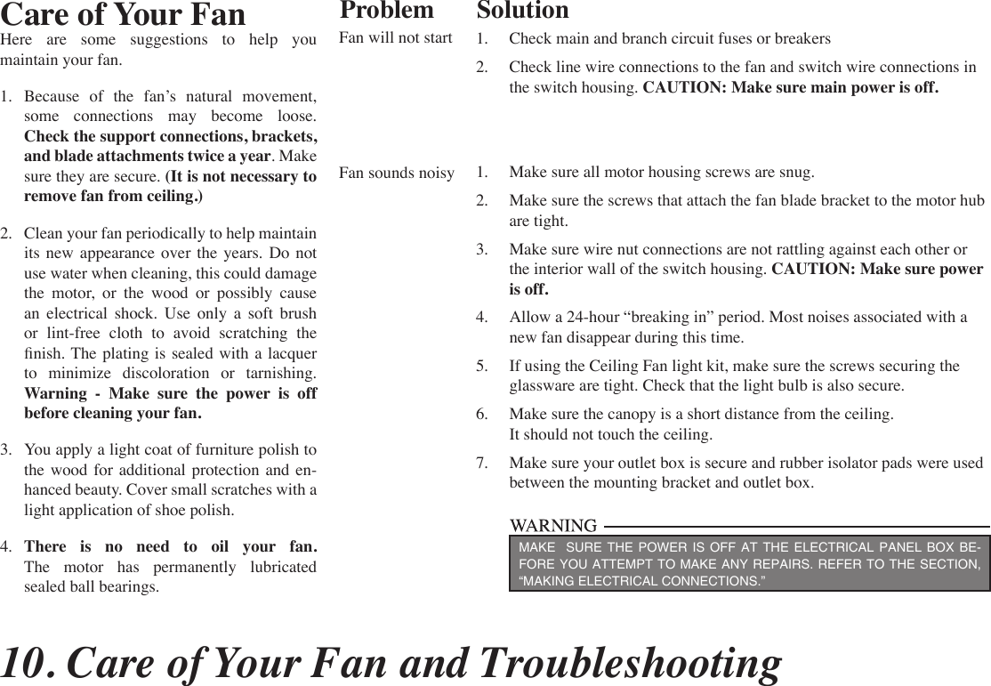 10. Care of Your Fan and TroubleshootingCare of Your FanHere are some suggestions to help you  maintain your fan.1.  Because of the fan’s natural movement, some connections may become loose. Check the support connections, brackets, and blade attachments twice a year. Make sure they are secure. (It is not necessary to remove fan from ceiling.)2.  Clean your fan periodically to help maintain its new appearance over the years. Do not use water when cleaning, this could damage the motor, or the wood or possibly cause an electrical shock. Use only a soft brush or lint-free cloth to avoid scratching the nish. The  plating  is sealed with a lacquer to minimize discoloration or tarnishing.  Warning - Make sure the power is off  before cleaning your fan.3.  You apply a light coat of furniture polish to the wood for additional protection and en-hanced beauty. Cover small scratches with a light application of shoe polish.4.  There is no need to oil your fan.  The motor has permanently lubricated sealed ball bearings.MAKE  SURE THE POWER IS OFF AT THE ELECTRICAL PANEL BOX BE-FORE YOU ATTEMPT TO MAKE ANY REPAIRS. REFER TO THE SECTION, “MAKING ELECTRICAL CONNECTIONS.”Fan will not startFan sounds noisy1.  Check main and branch circuit fuses or breakers2.  Check line wire connections to the fan and switch wire connections in the switch housing. CAUTION: Make sure main power is off.1.  Make sure all motor housing screws are snug.2.  Make sure the screws that attach the fan blade bracket to the motor hub are tight.3.  Make sure wire nut connections are not rattling against each other or the interior wall of the switch housing. CAUTION: Make sure power is off.4.  Allow a 24-hour “breaking in” period. Most noises associated with a new fan disappear during this time.5.  If using the Ceiling Fan light kit, make sure the screws securing the glassware are tight. Check that the light bulb is also secure.6.  Make sure the canopy is a short distance from the ceiling. It should not touch the ceiling.7.  Make sure your outlet box is secure and rubber isolator pads were used between the mounting bracket and outlet box.Problem Solution