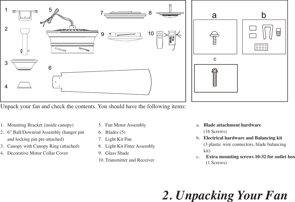 a.  Blade attachment hardware  (16 Screws)b.  Electrical hardware and Balancing kit (3 plastic wire connectors, blade balancing kit) 5.  Fan Motor Assembly6.  Blades (5)7.  Light Kit Pan8.  Light Kit Fitter Assembly9.  Glass Shade10. Transmitter and Receiver1.  Mounting Bracket (inside canopy)2.  6” Ball/Downrod Assembly (hanger pin and locking pin pre-attached)3.  Canopy with Canopy Ring (attached)4.  Decorative Motor Collar Cover2. Unpacking Your Fan Unpack your fan and check the contents. You should have the following items:321546789OKM10cc. Extra mounting screws #10-32 for outlet box(1 Screws)