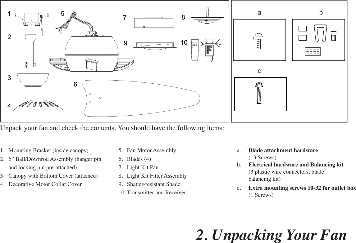a.  Blade attachment hardware  (13 Screws)b.  Electrical hardware and Balancing kit (3 plastic wire connectors, blade balancing kit)5.  Fan Motor Assembly6.  Blades (4)7.  Light Kit Pan8.  Light Kit Fitter Assembly9.  Shatter-resistant Shade10. Transmitter and Receiver1.  Mounting Bracket (inside canopy)2.  6” Ball/Downrod Assembly (hanger pin and locking pin pre-attached)3.  Canopy with Bottom Cover (attached)4.  Decorative Motor Collar Cover2. Unpacking Your Fan Unpack your fan and check the contents. You should have the following items:ab321546789OKM10cc. Extra mounting screws #10-32 for outlet box(1 Screws)