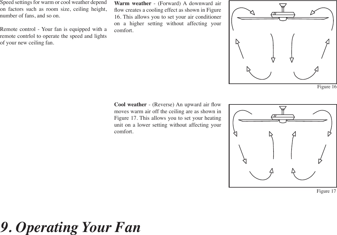 9. Operating Your FanSpeed settings for warm or cool weather depend on factors such as room size, ceiling height, number of fans, and so on.Remote control - Your  fan  is  equipped with  a remote contrlol to operate the speed and lights of your new ceiling fan.Figure 16Figure 17Warm weather -  (Forward)  A  downward  air ow creates a cooling effect as shown in Figure 16. This allows you to set your air conditioner on a higher setting without affecting your comfort.Cool weather - (Reverse) An upward air ow moves warm air off the ceiling are as shown in Figure 17. This allows you to set your heating unit on a lower setting without affecting your comfort.