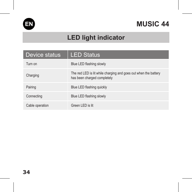 34MUSIC 44LED light indicatorDevice status LED StatusTurn on Blue LED ashing slowlyCharging The red LED is lit while charging and goes out when the battery has been charged completelyPairing  Blue LED ashing quicklyConnecting Blue LED ashing slowlyCable operation    Green LED is lit