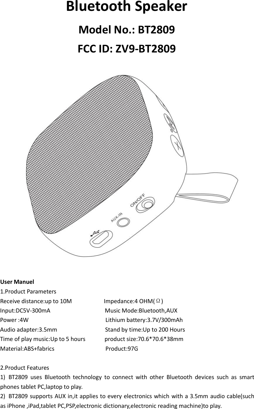 Kingree Electronic BT2809 Bluetooth Speaker User Manual