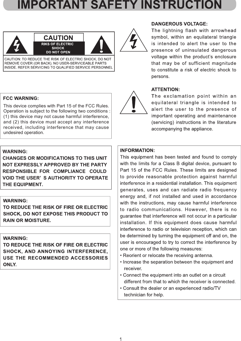 This device complies with Part 15 of the FCC Rules. Operation is subject to the following two conditions : (1) this device may not cause harmful interference, and (2) this device must accept any interference received, including interference that may cause undesired operation.WARNING:  CHANGES OR MODIFICATIONS TO THIS UNIT NOT EXPRESSLY APPROVED BY THE PARTY RESPONSIBLE  FOR   COMPLIANCE   COULD VOID THE USER’ S AUTHORITY TO OPERATE THE EQUIPMENT.