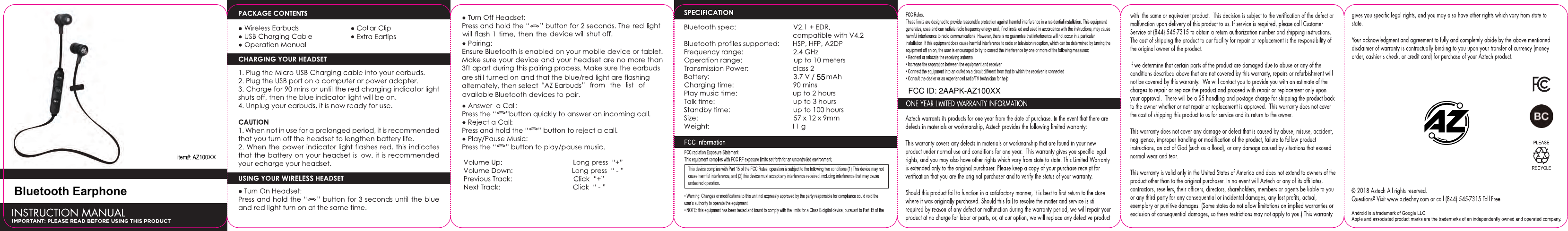 Bluetooth Earphone55XXFCC ID: 2AAPK-AZ100XX