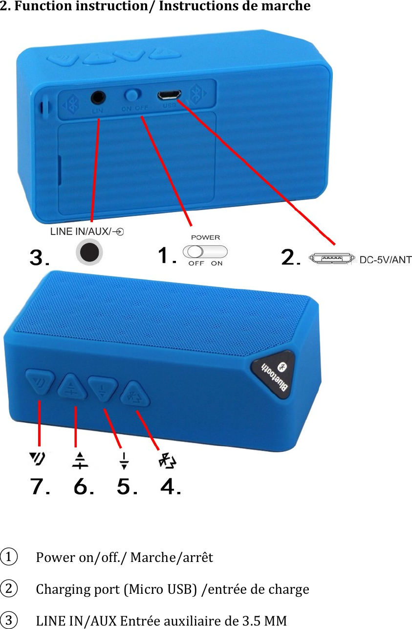    2. Function instruction/ Instructions de marche      ① Power on/off./ Marche/arrêt   ② Charging port (Micro USB) /entrée de charge ③ LINE IN/AUX Entrée auxiliaire de 3.5 MM 