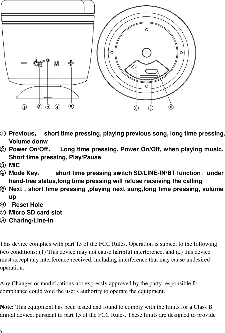    5   ①  Previous，  short time pressing, playing previous song, long time pressing, Volume donw   ②  Power On/Off，  Long time pressing, Power On/Off, when playing music, Short time pressing, Play/Pause   ③  MIC   ④  Mode Key，    short time pressing switch SD/LINE-IN/BT function，under hand-free status,long time pressing will refuse receiving the calling ⑤  Next , short time pressing ,playing next song,long time pressing, volume up   ⑥    Reset Hole     ⑦  Micro SD card slot   ⑧  Charing/Line-In   This device complies with part 15 of the FCC Rules. Operation is subject to the following two conditions: (1) This device may not cause harmful interference, and (2) this device must accept any interference received, including interference that may cause undesired operation.        Any Changes or modifications not expressly approved by the party responsible for compliance could void the user&apos;s authority to operate the equipment.    Note: This equipment has been tested and found to comply with the limits for a Class B digital device, pursuant to part 15 of the FCC Rules. These limits are designed to provide 