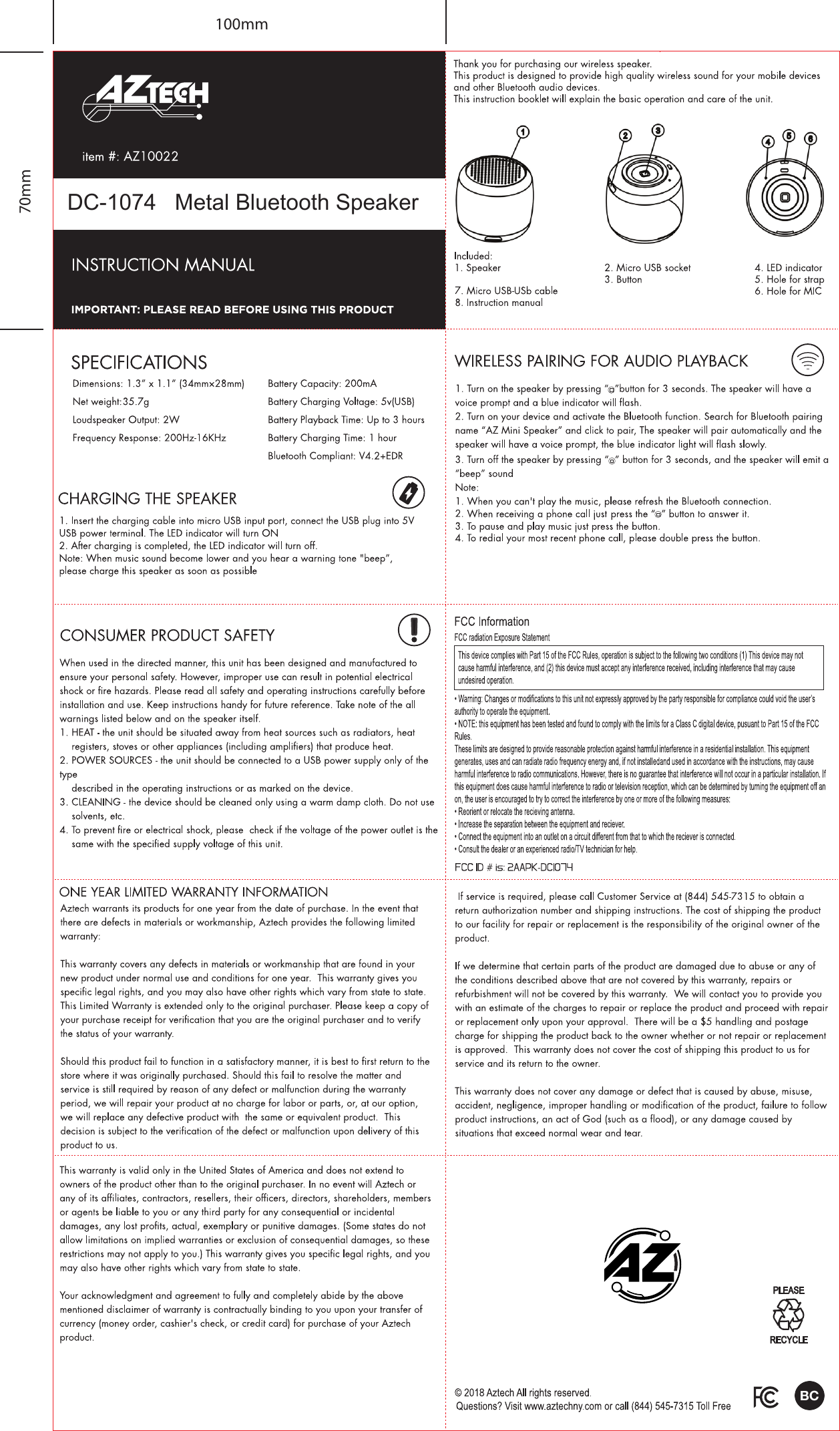 Page 1 of Kingsun DC1074 Metal Bluetooth Speaker User Manual AZ10022 Mini BT Speaker inst OL